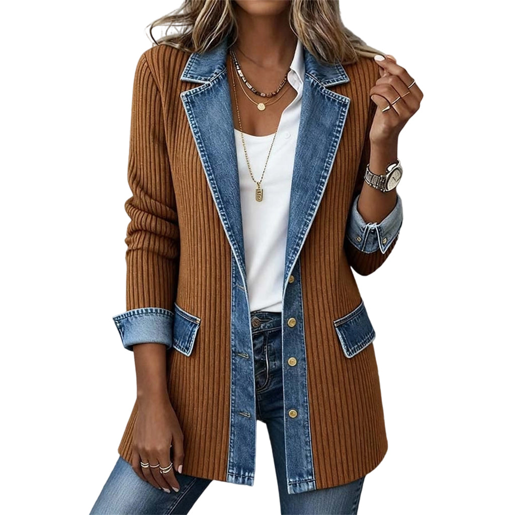 Abrigo de punto canalé con denim – Caqui