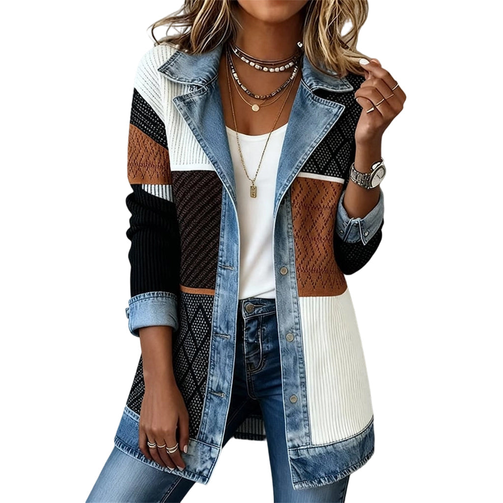 Abrigo de punto canalé con denim – Patchwork