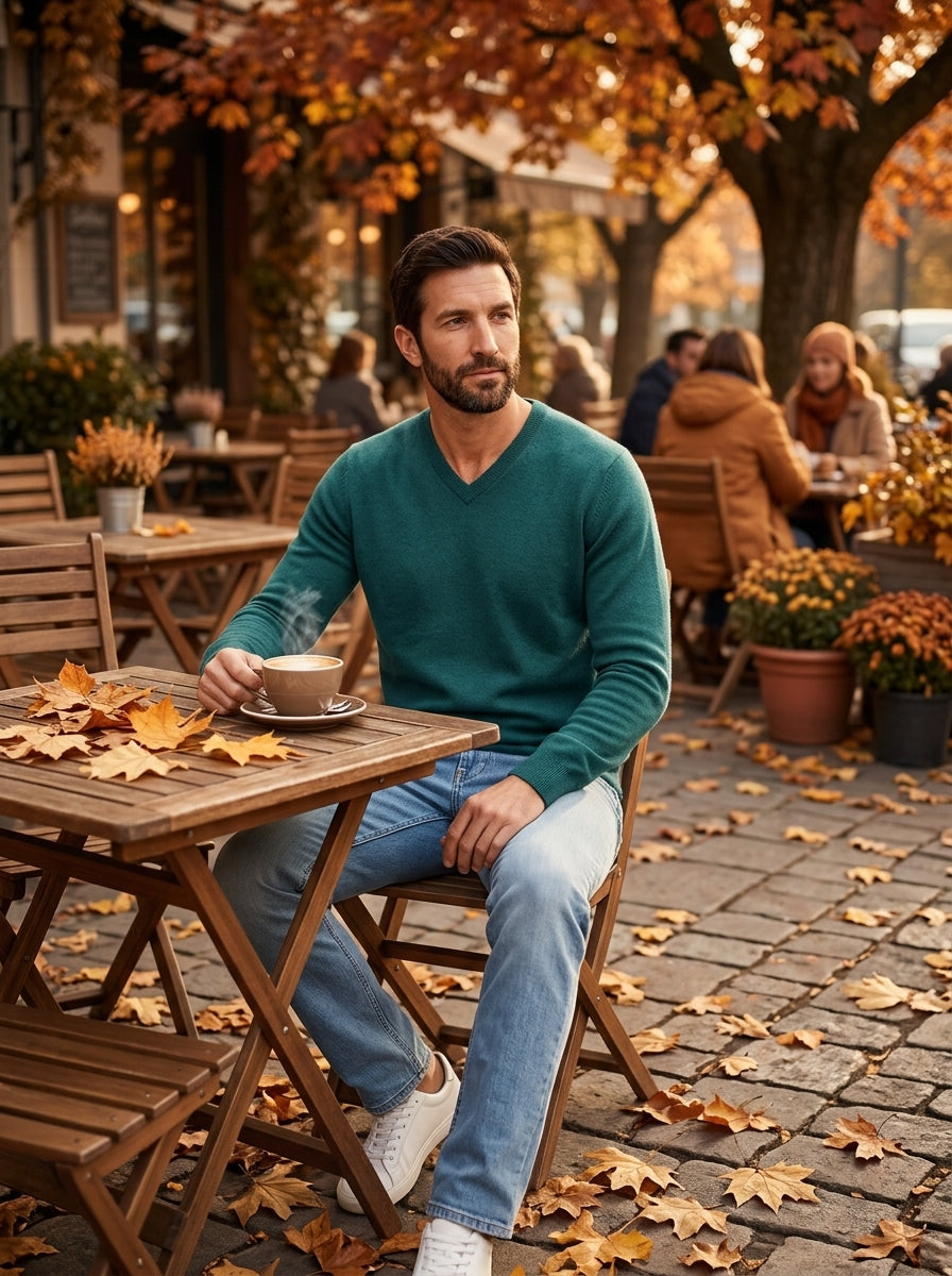 Stefano jersey de cuello de pico verde petróleo, en una terraza en otoño