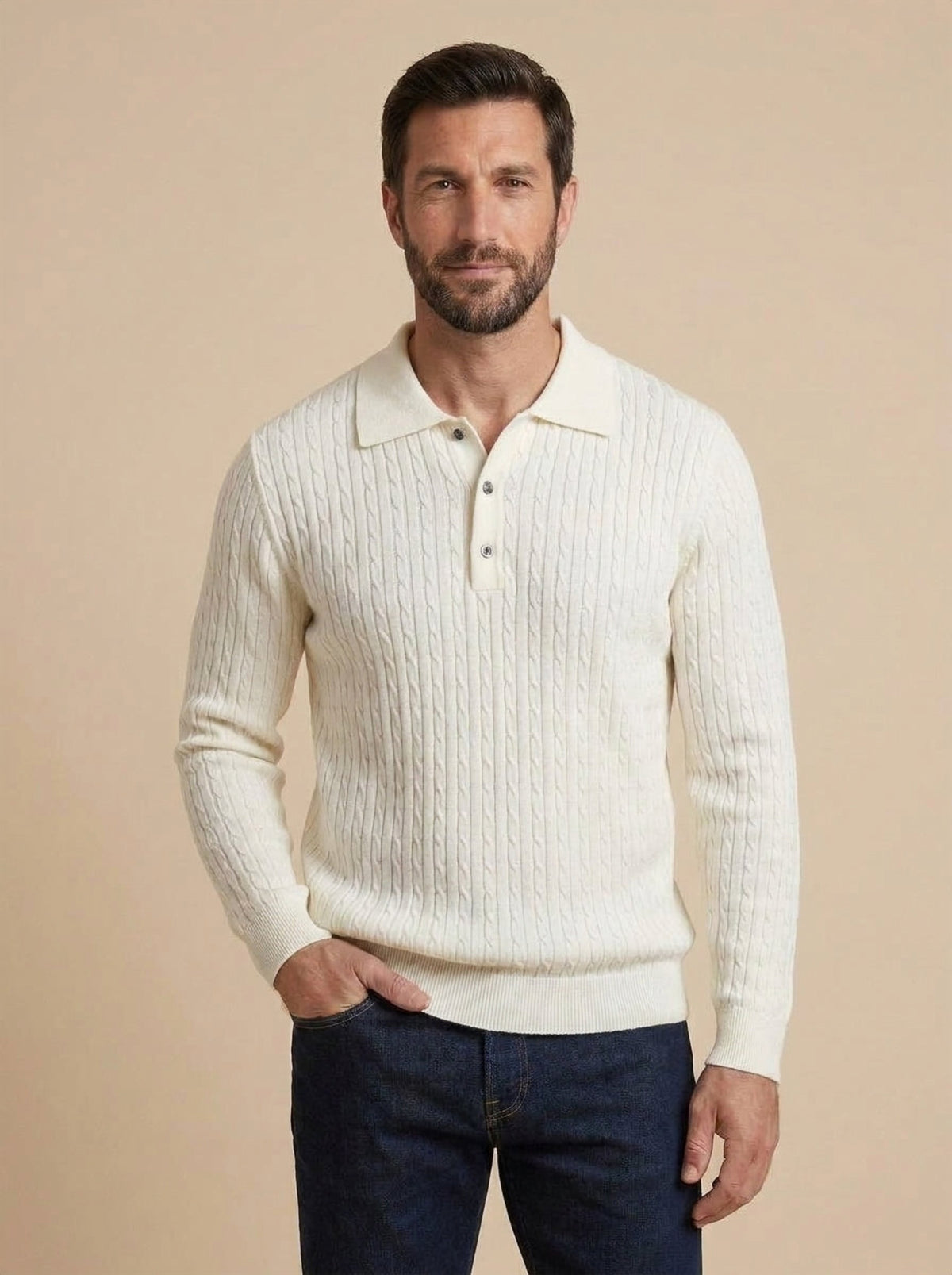 Tommaso polo de punto trenzado blanco, de frente