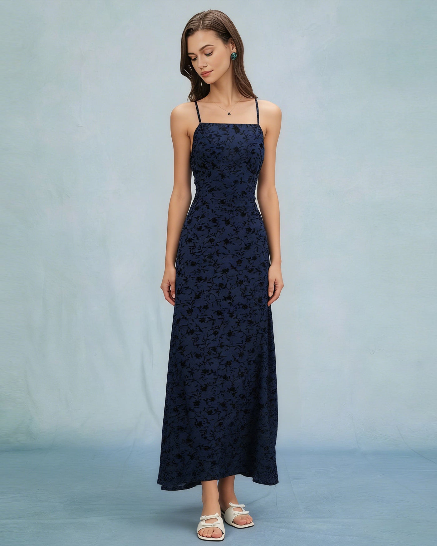 Vestido Maxi Floral Espalda Cruzada — Azul