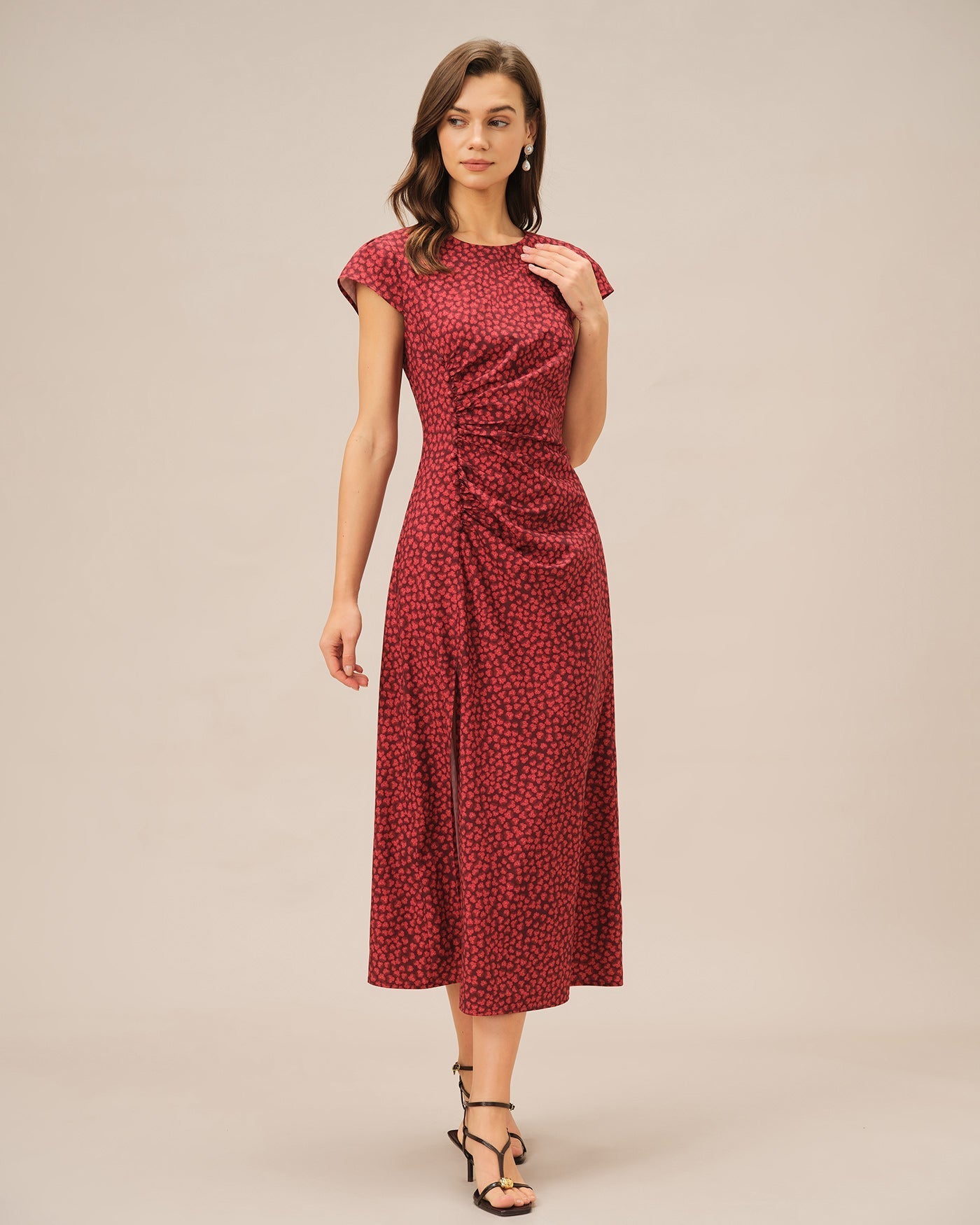 Vestido Midi Floral Plisado — Rojo