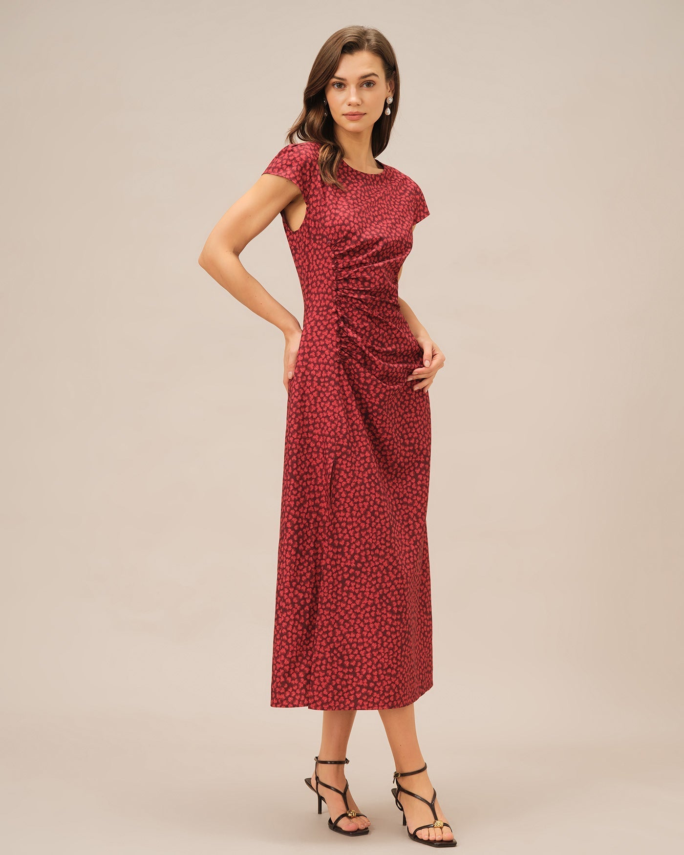Vestido Midi Floral Plisado — Rojo