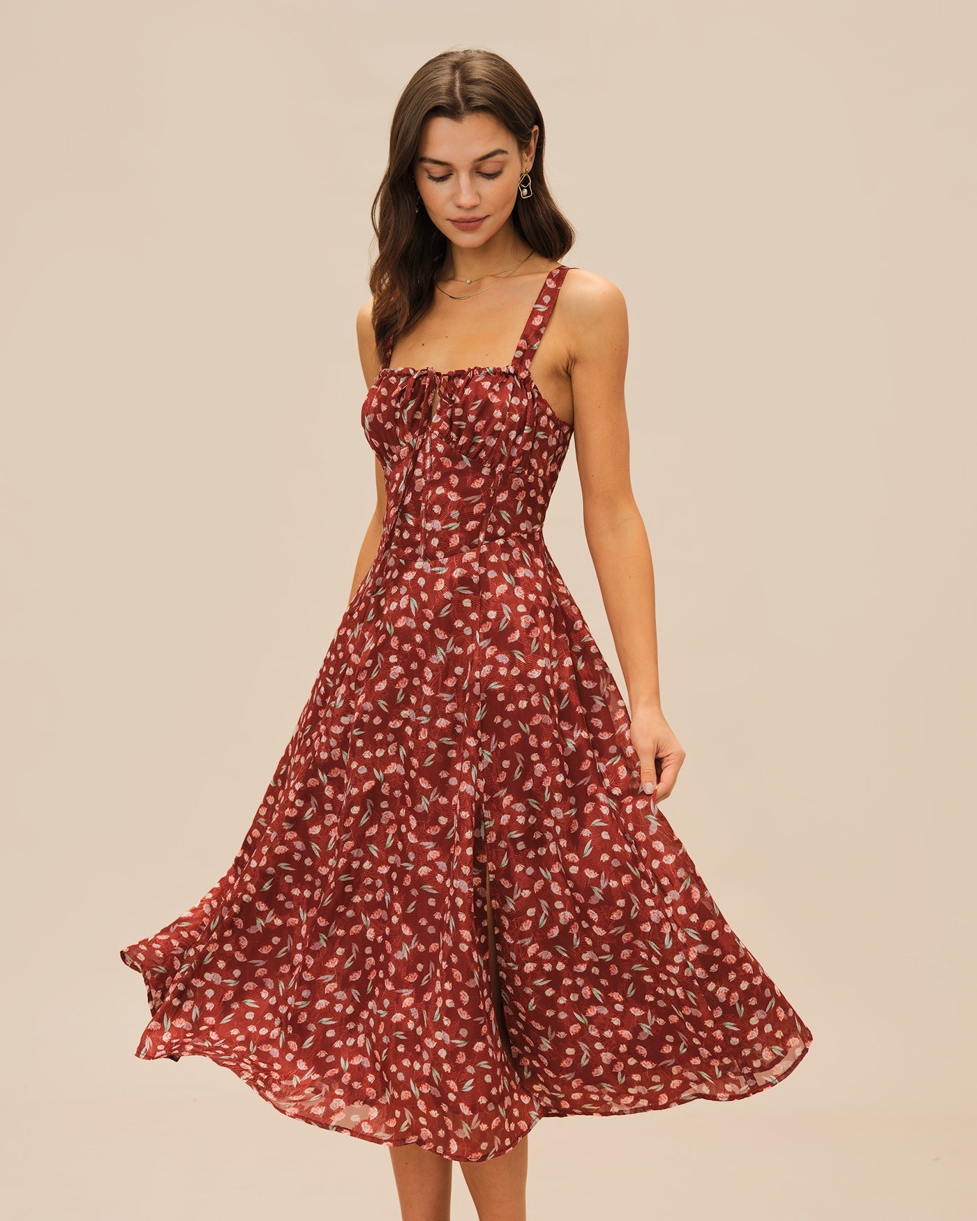 Vestido Midi Floral — Burdeos