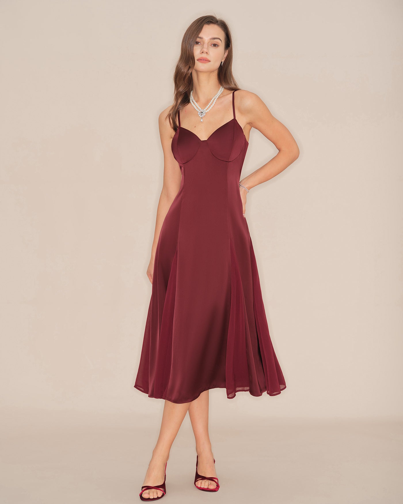 Vestido Midi Slip Acampanado — Granate