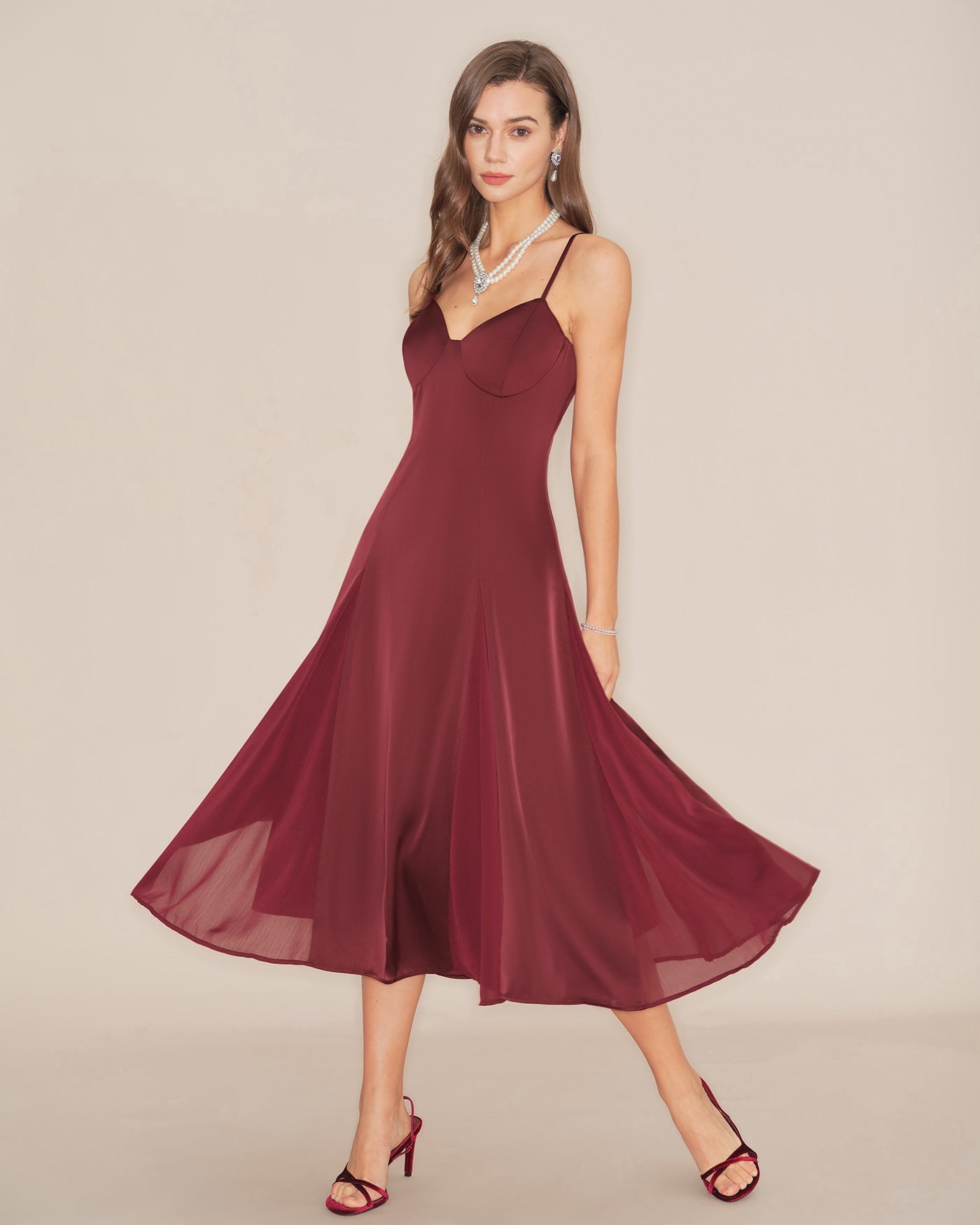 Vestido Midi Slip Acampanado — Granate