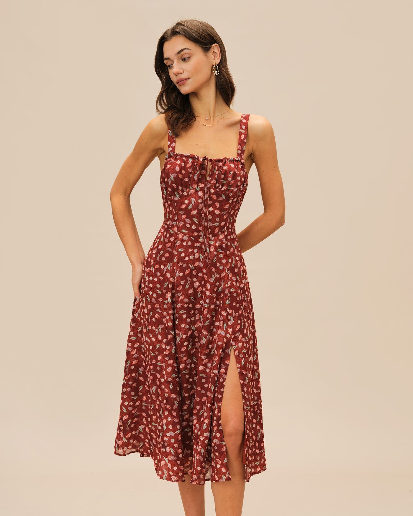 Vestido Midi Floral — Burdeos