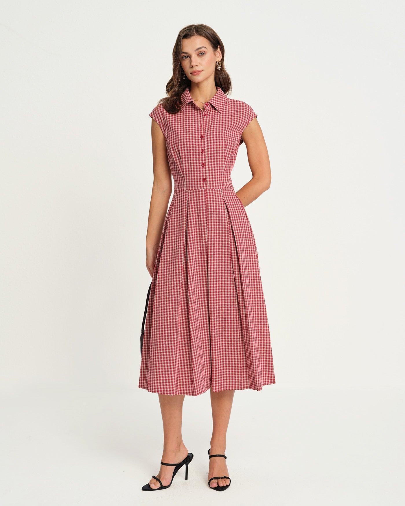 Vestido Midi de Cuadros con Cuello — Rojo