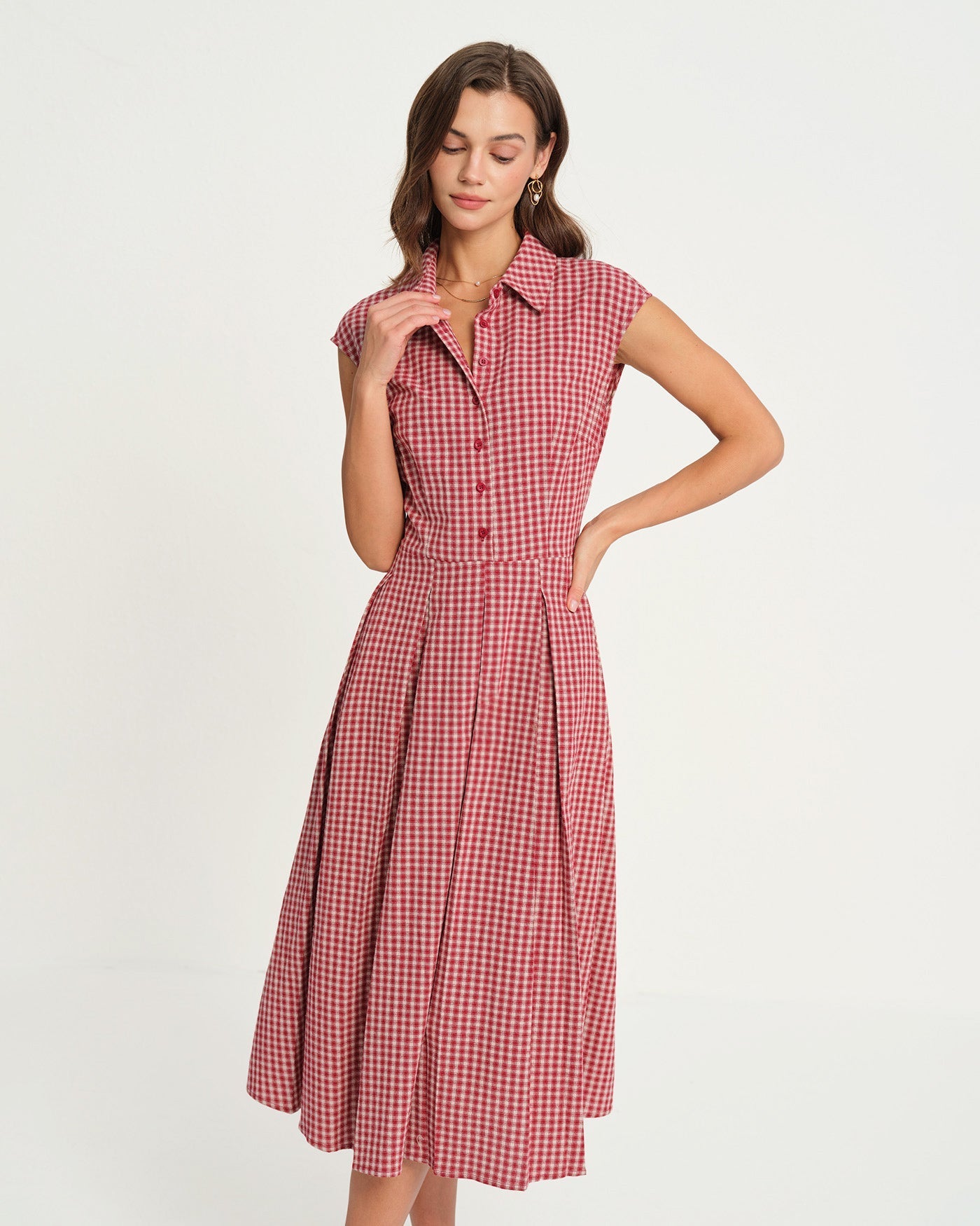 Vestido Midi de Cuadros con Cuello — Rojo