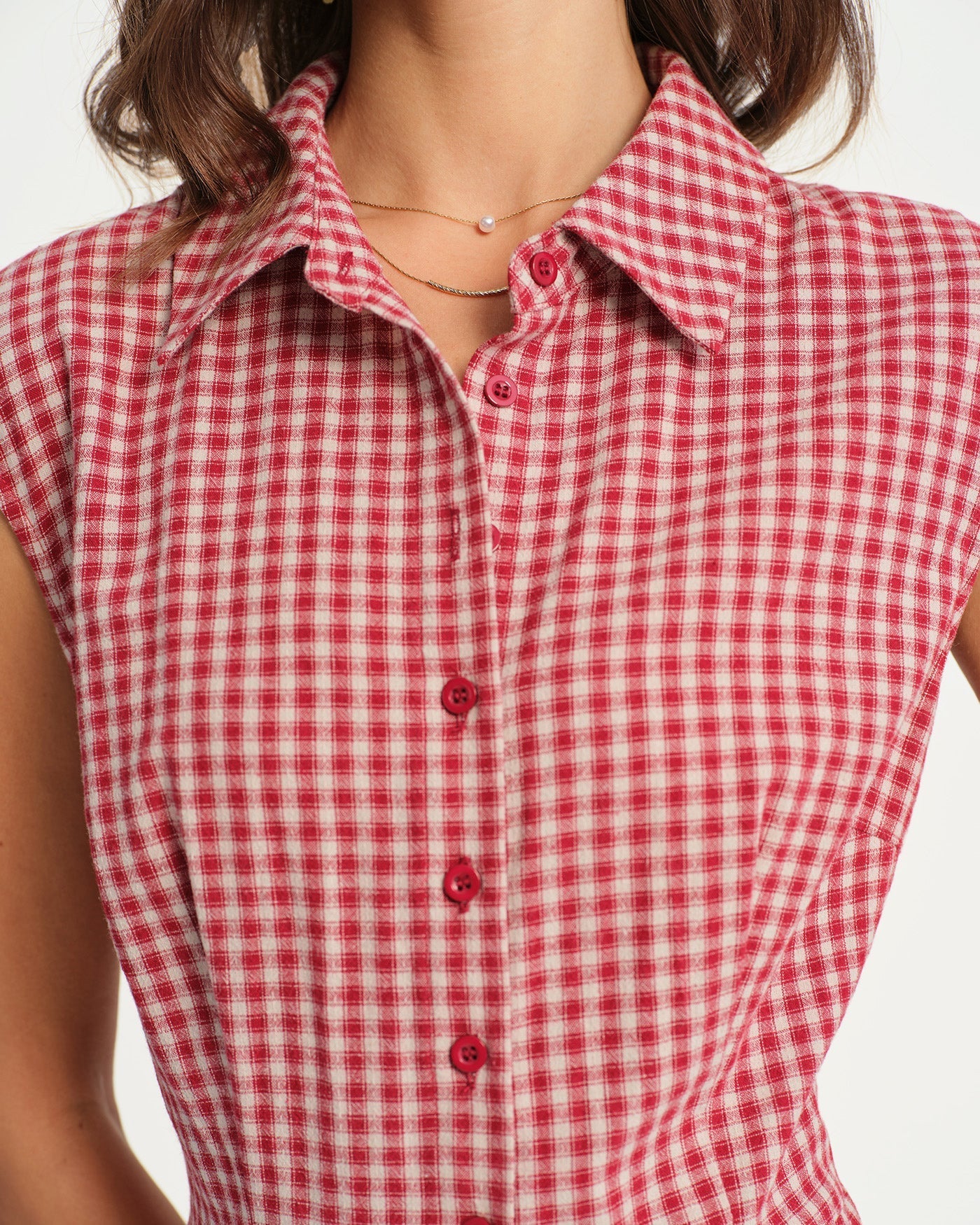 Vestido Midi de Cuadros con Cuello — Rojo