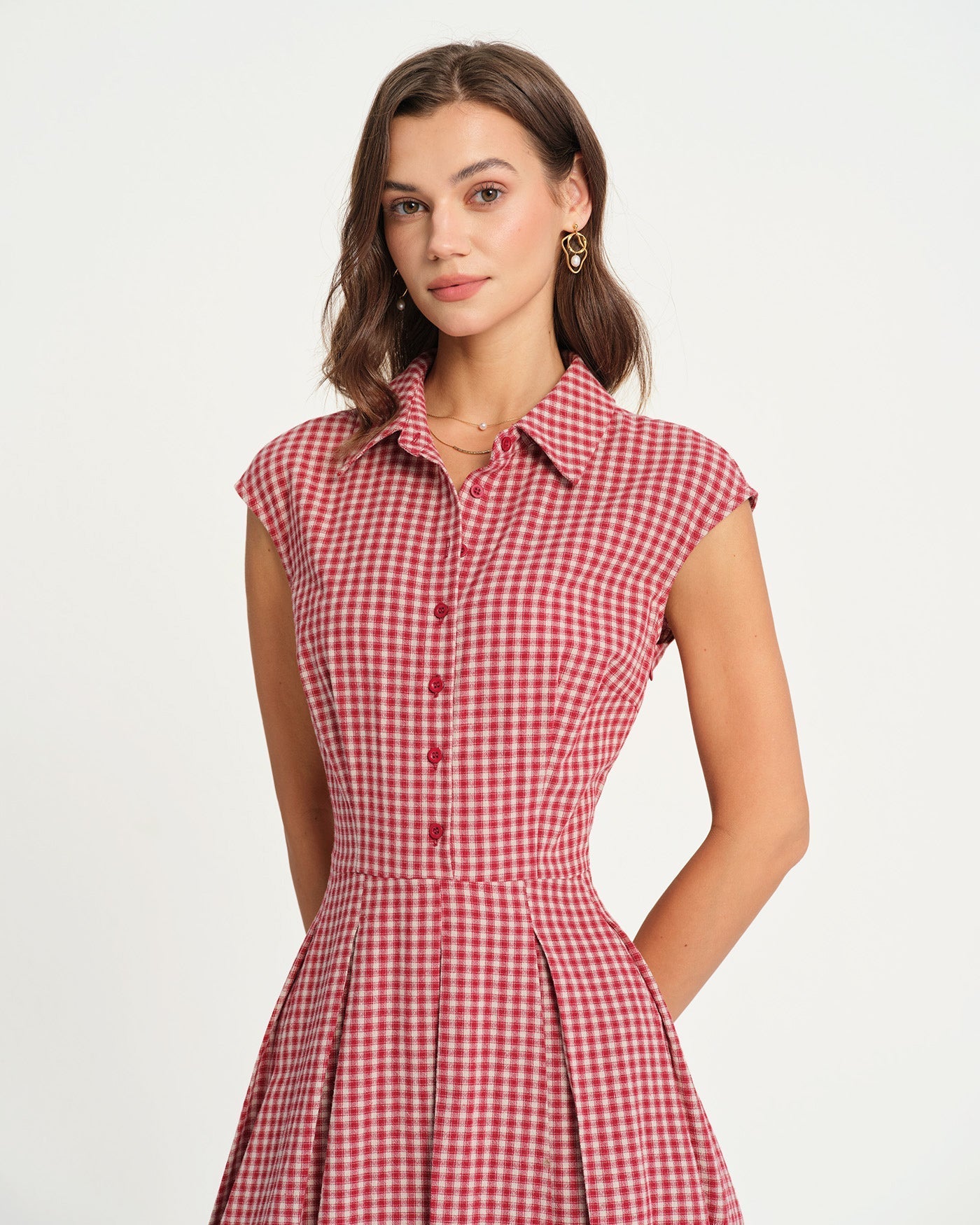 Vestido Midi de Cuadros con Cuello — Rojo