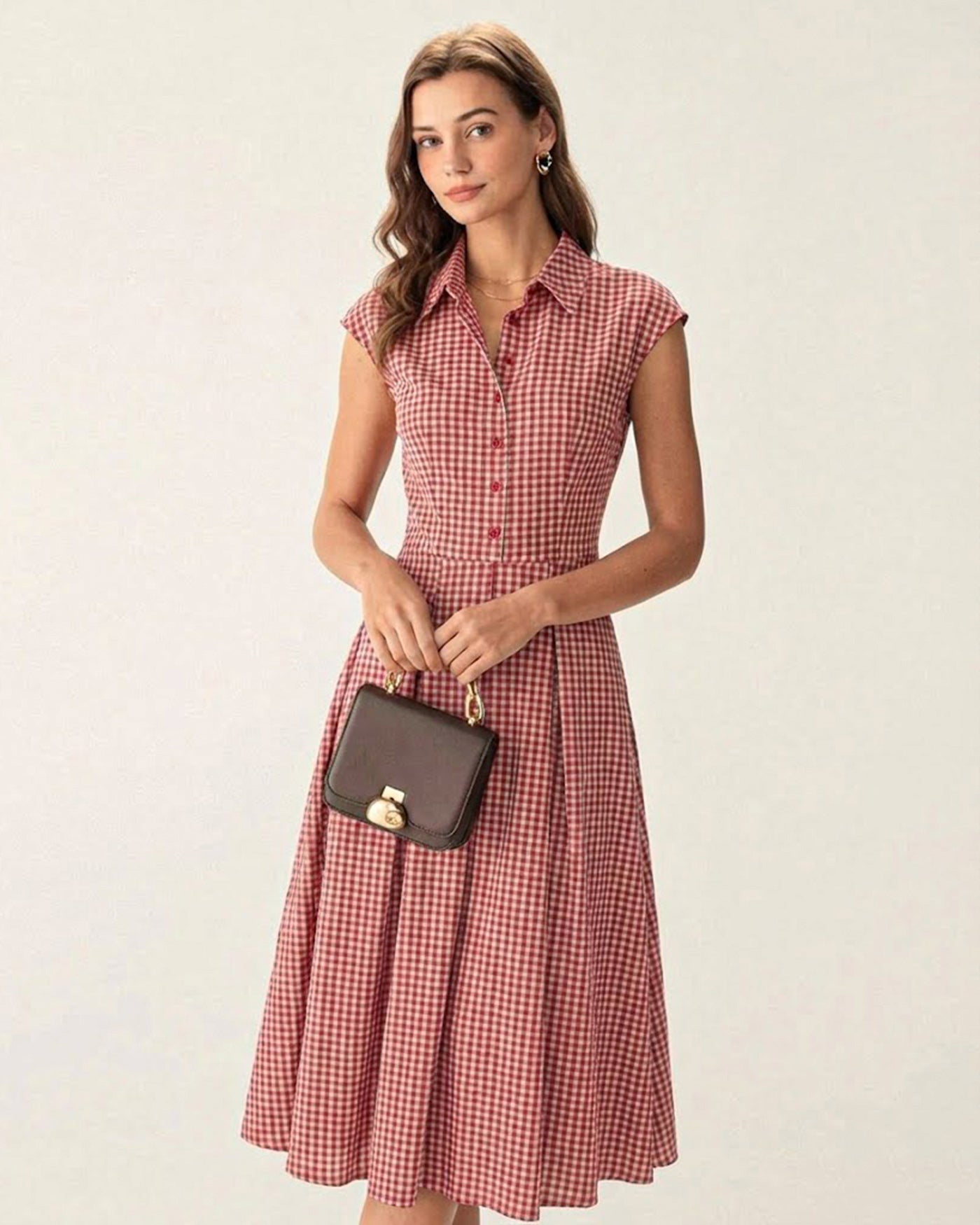 Vestido Midi de Cuadros con Cuello — Rojo