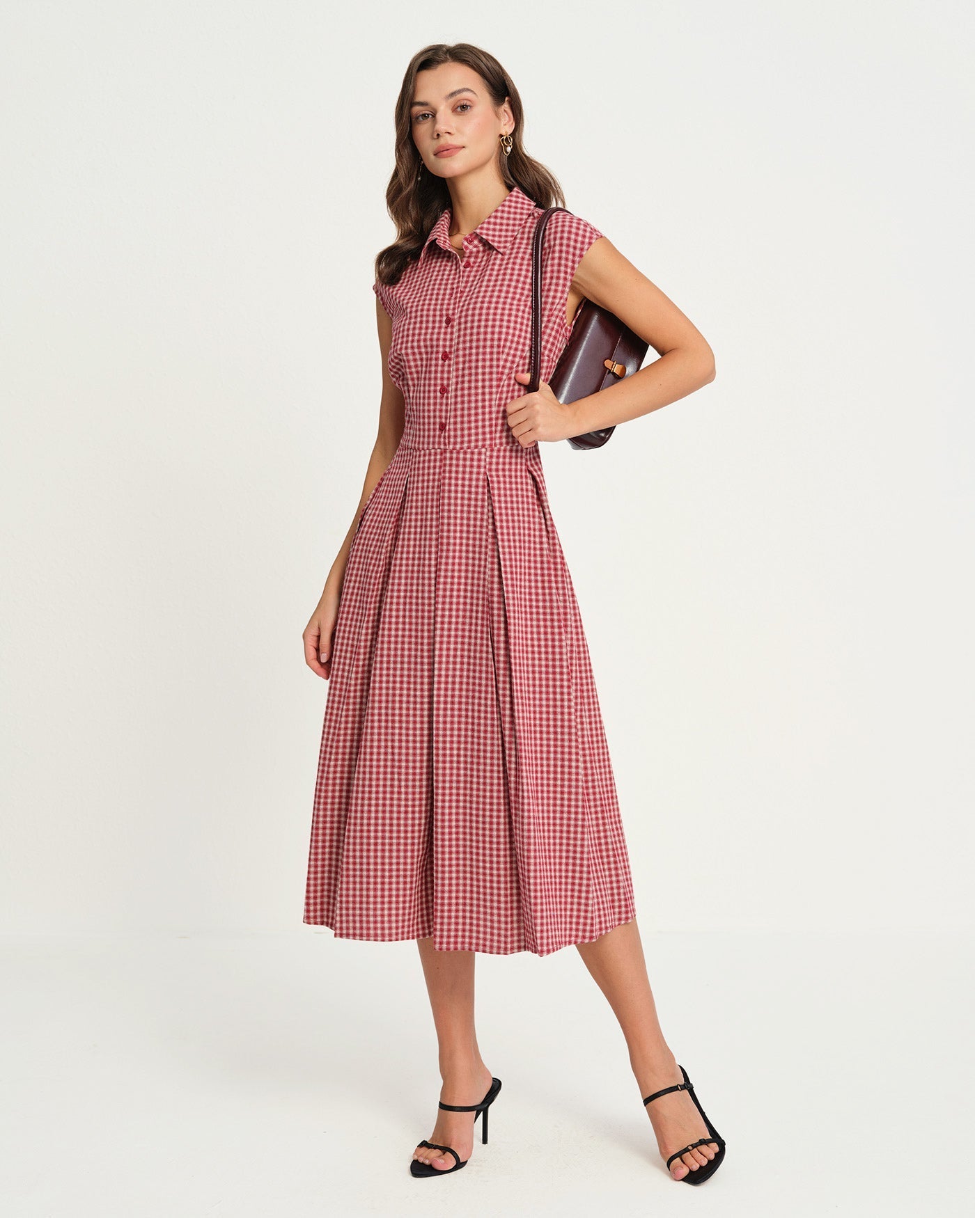 Vestido Midi de Cuadros con Cuello — Rojo