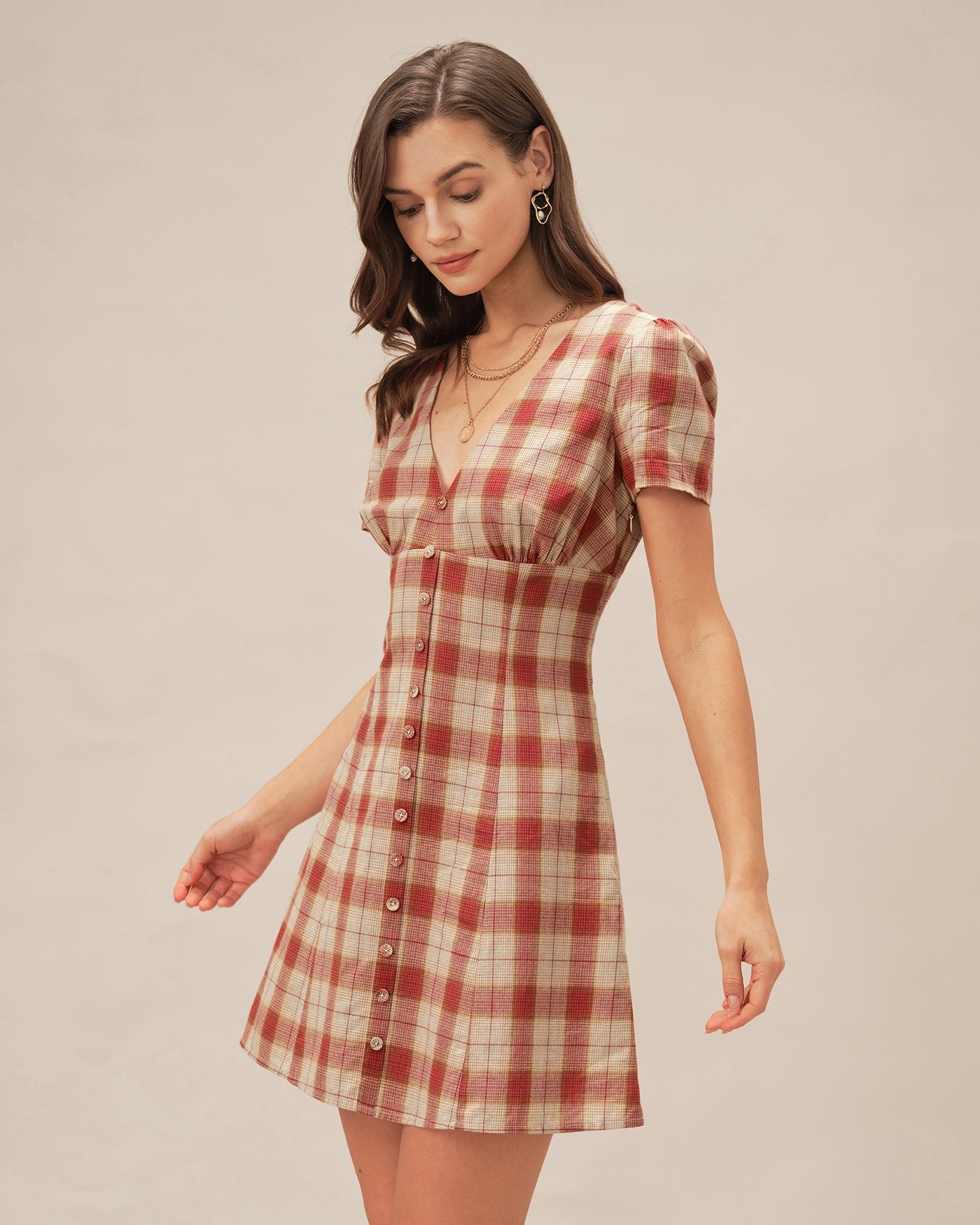 Vestido Mini de Cuadros Escote en V — Rojo