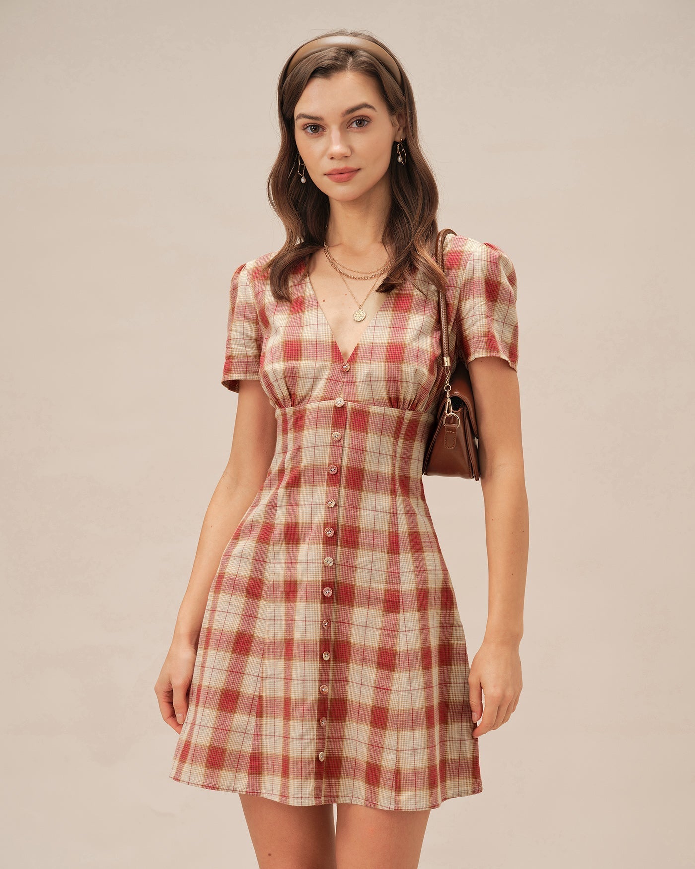 Vestido Mini de Cuadros Escote en V — Rojo