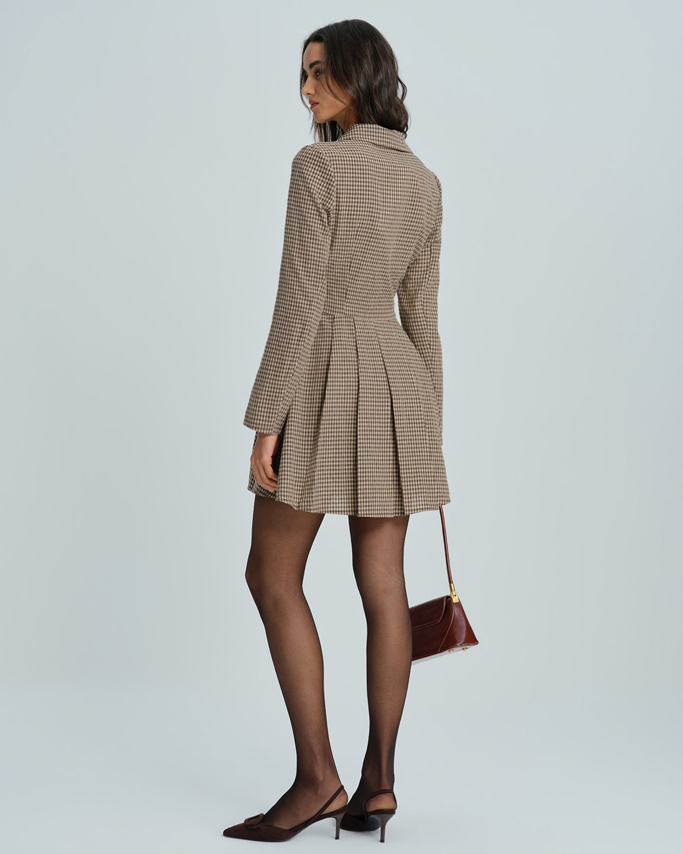 Vestido Mini de Vichy con Cuello — Marrón
