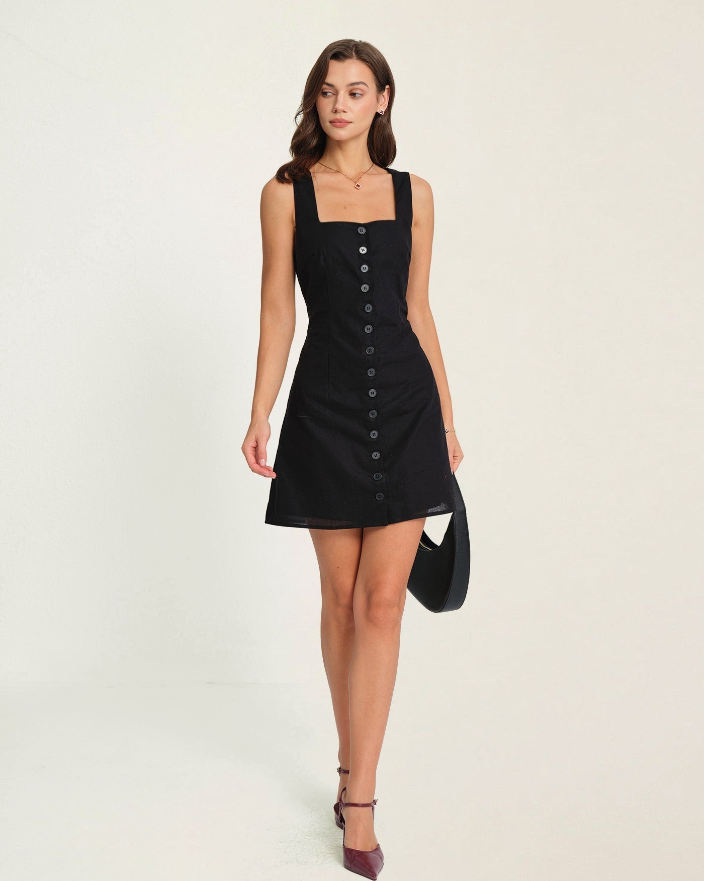 Vestido Mini con Botones Escote Cuadrado — Negro