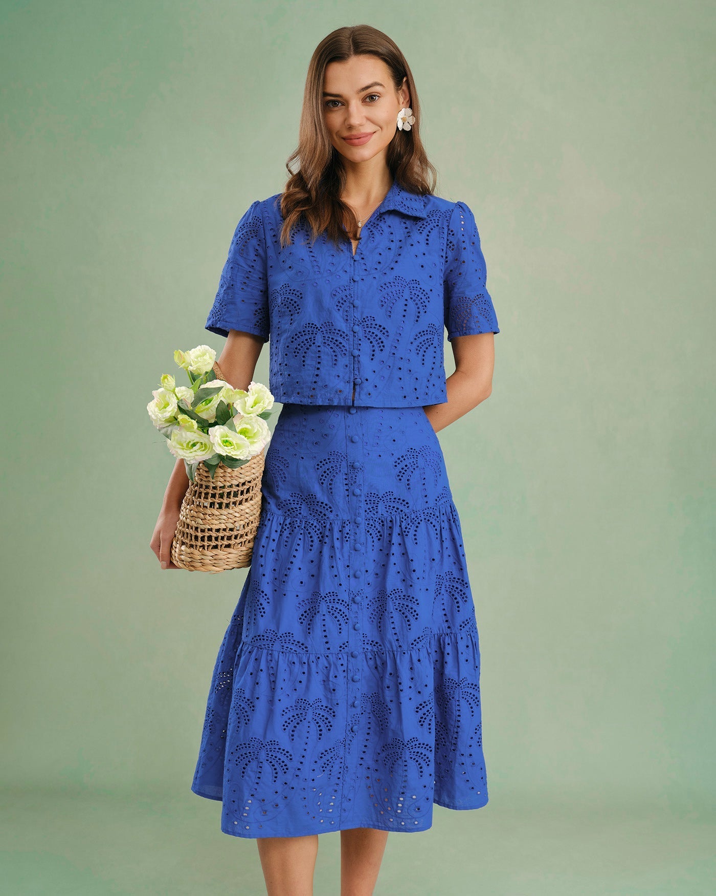 Falda Midi Bordada — Azul