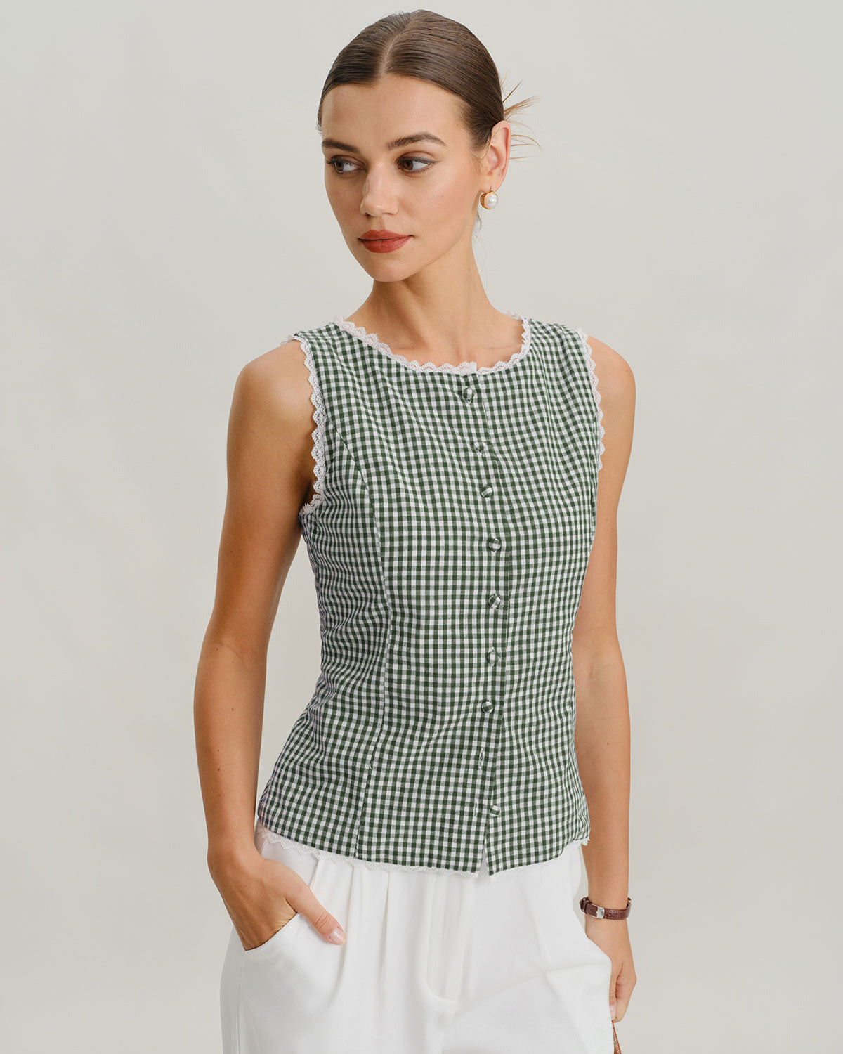 Top de Tirantes Cuadros Escote Barca — Verde
