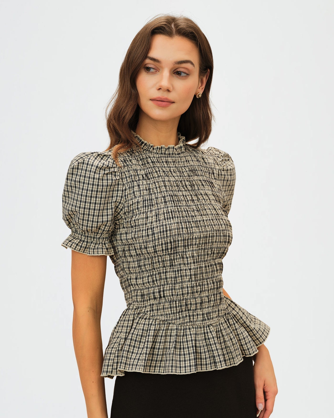 Camiseta de Cuadros Manga Farol Fruncida — Albaricoque