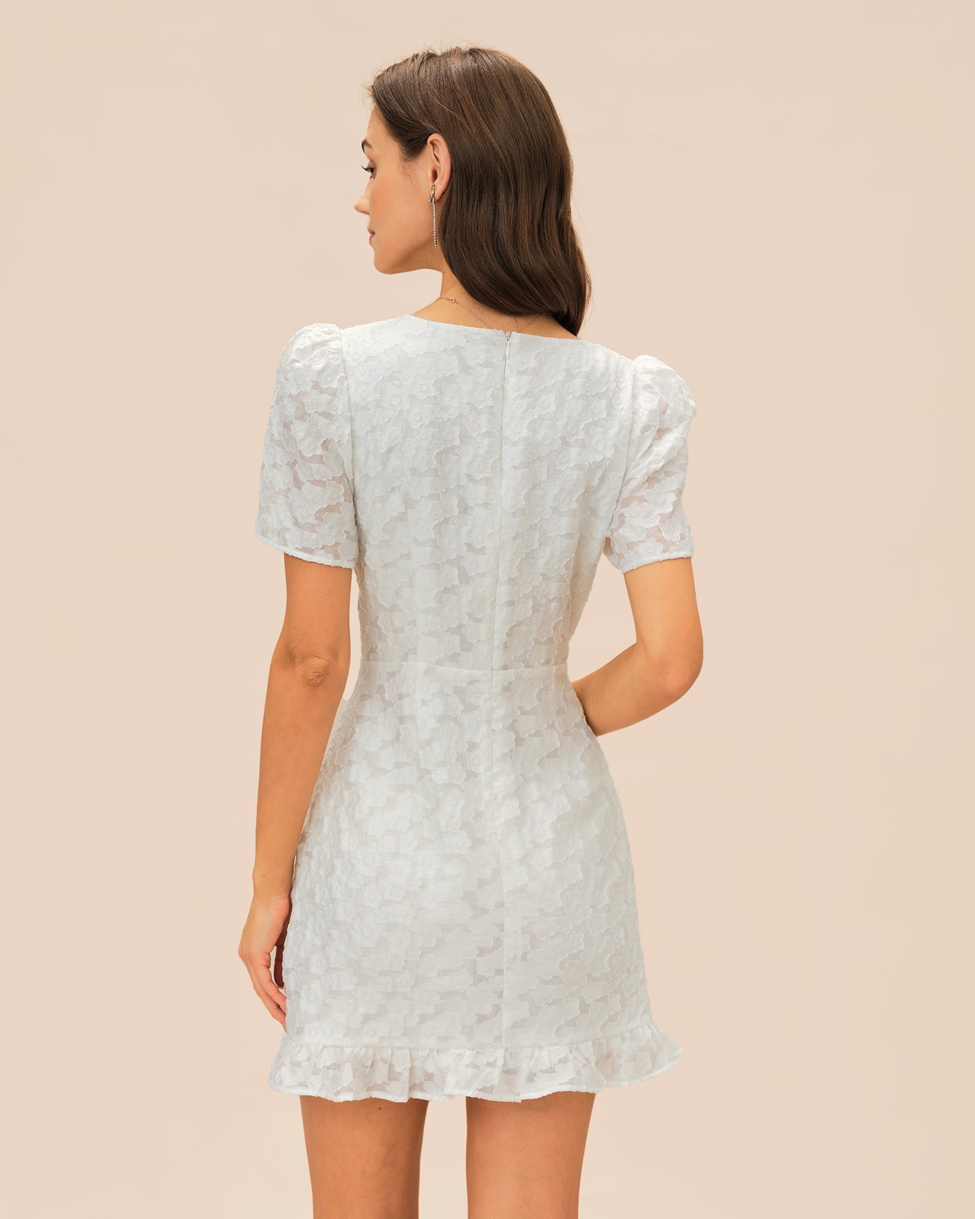 Vestido Mini Jacquard Escote en V — Blanco