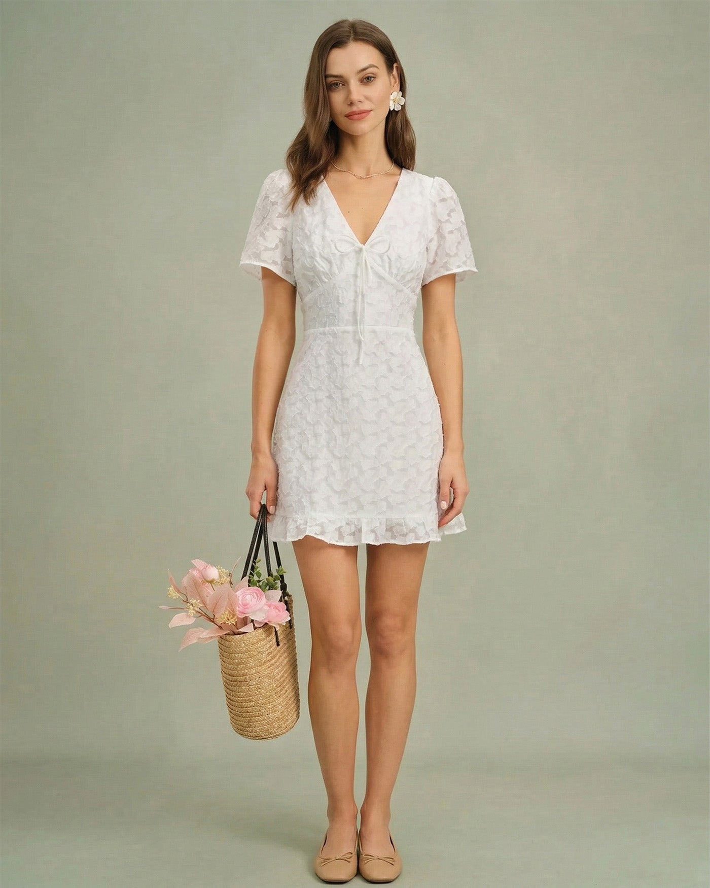 Vestido Mini Jacquard Escote en V — Blanco