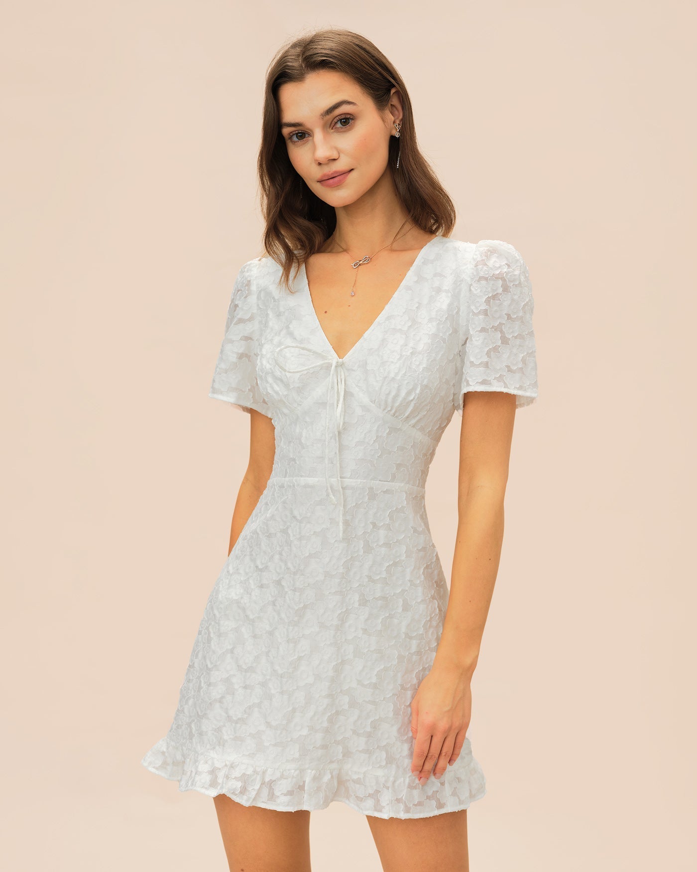 Vestido Mini Jacquard Escote en V — Blanco
