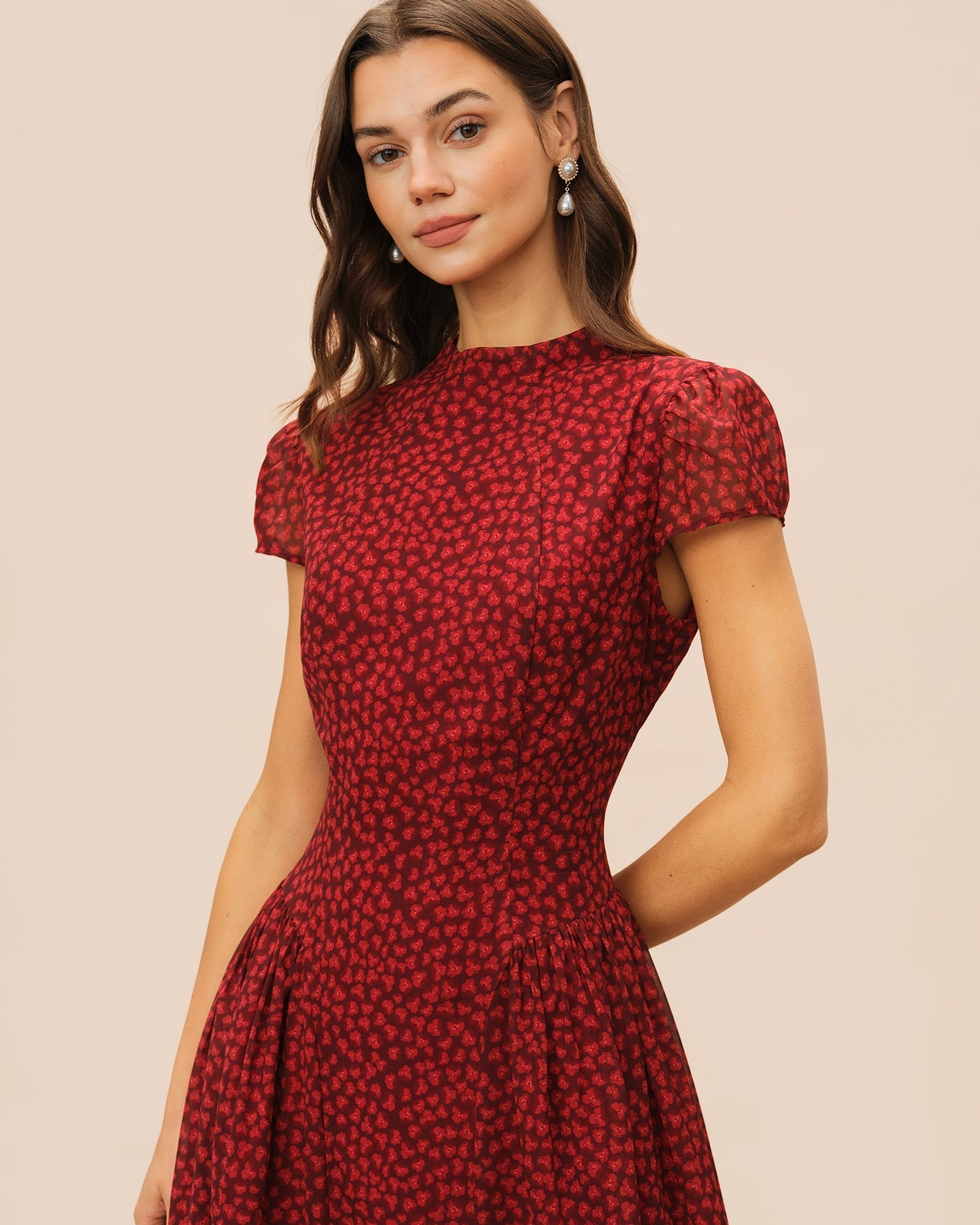 Vestido Maxi Floral Manga Casquillo — Rojo