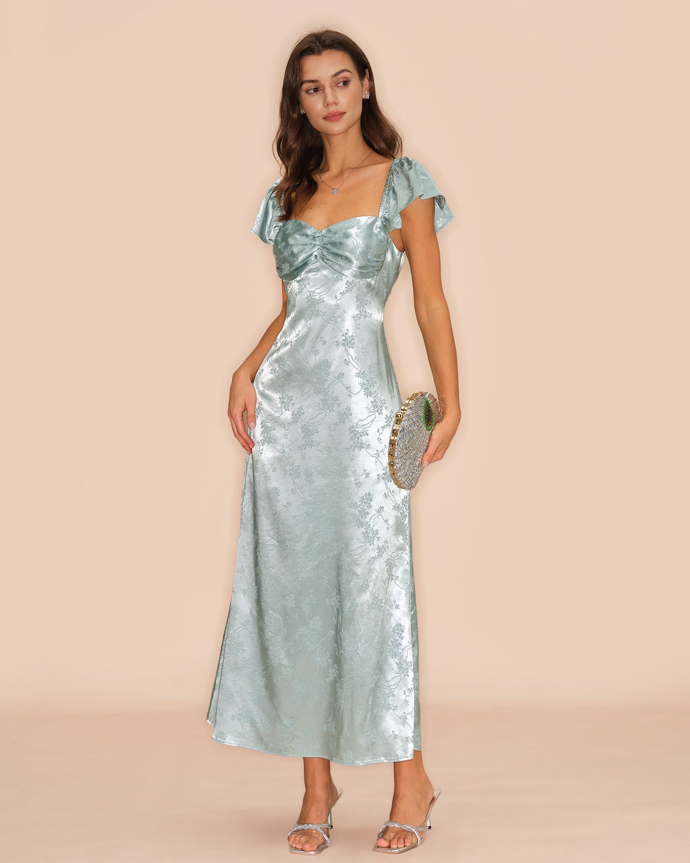 Vestido Maxi Floral Escote Corazón — Verde