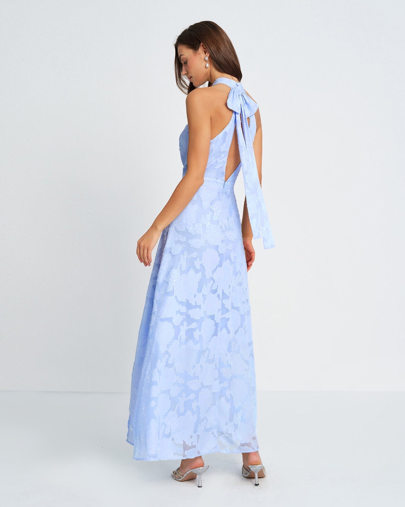 Vestido Maxi Jacquard Cuello Cisne — Azul