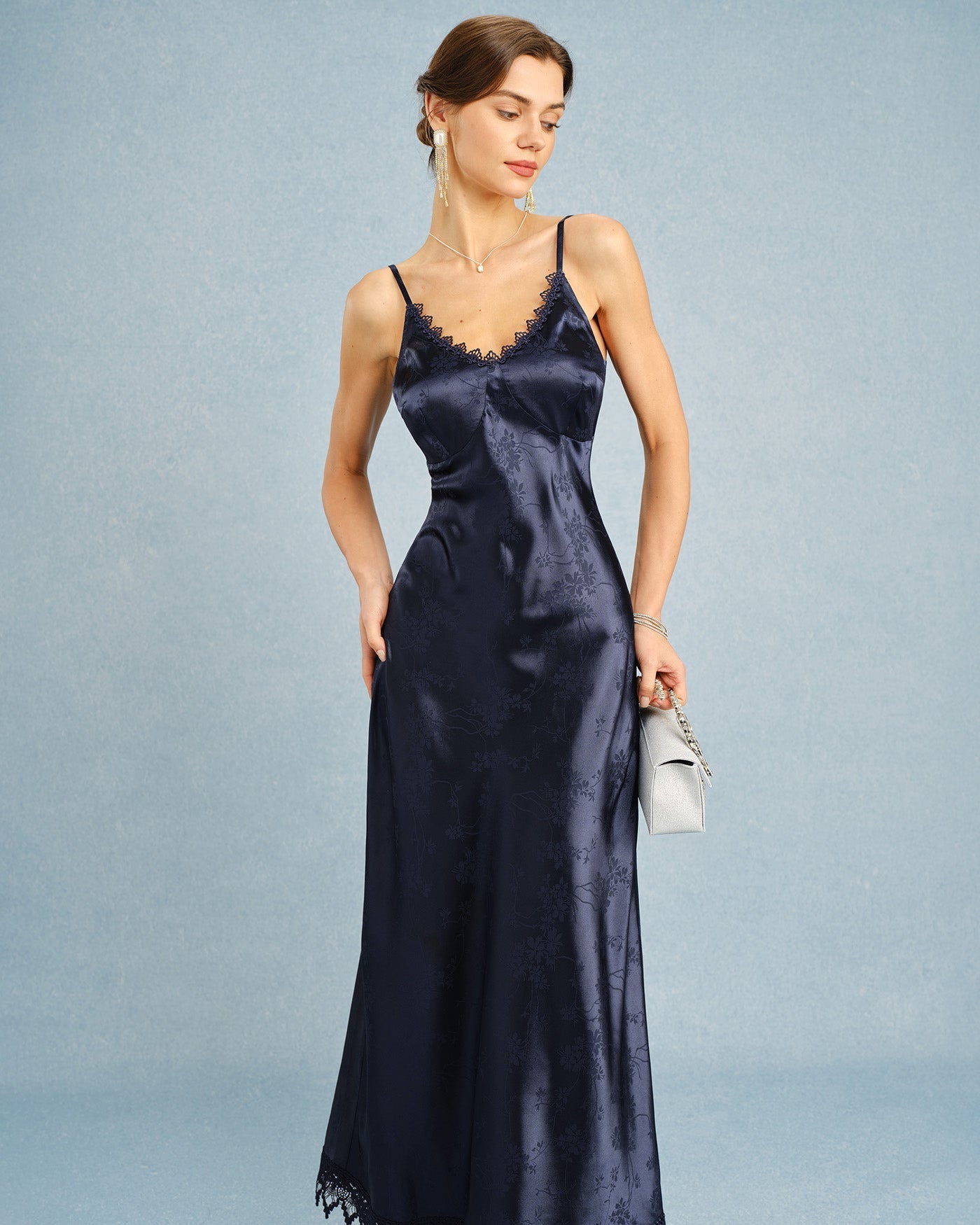 Vestido Largo Jacquard con Encaje