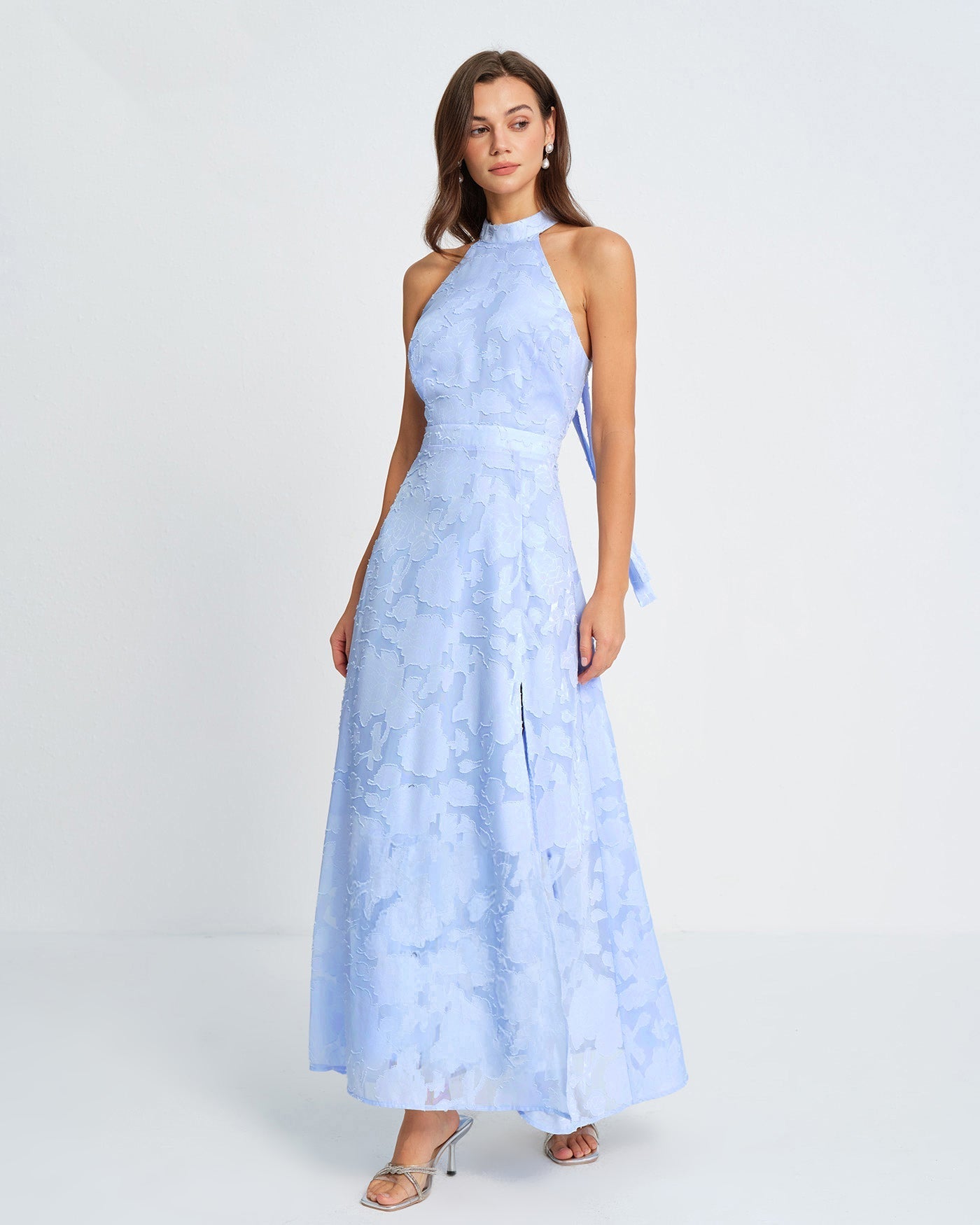 Vestido Maxi Jacquard Cuello Cisne — Azul