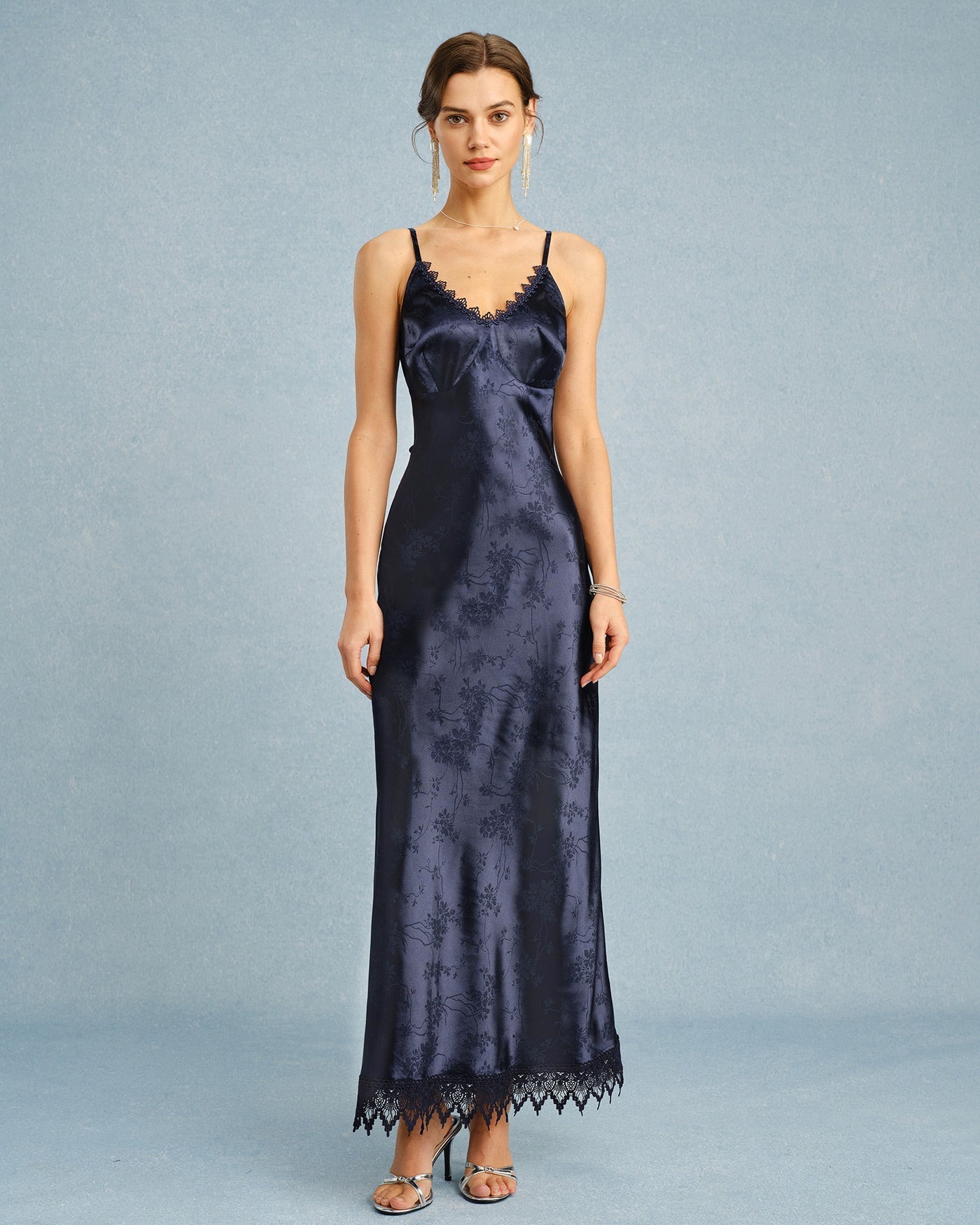 Vestido Largo Jacquard con Encaje