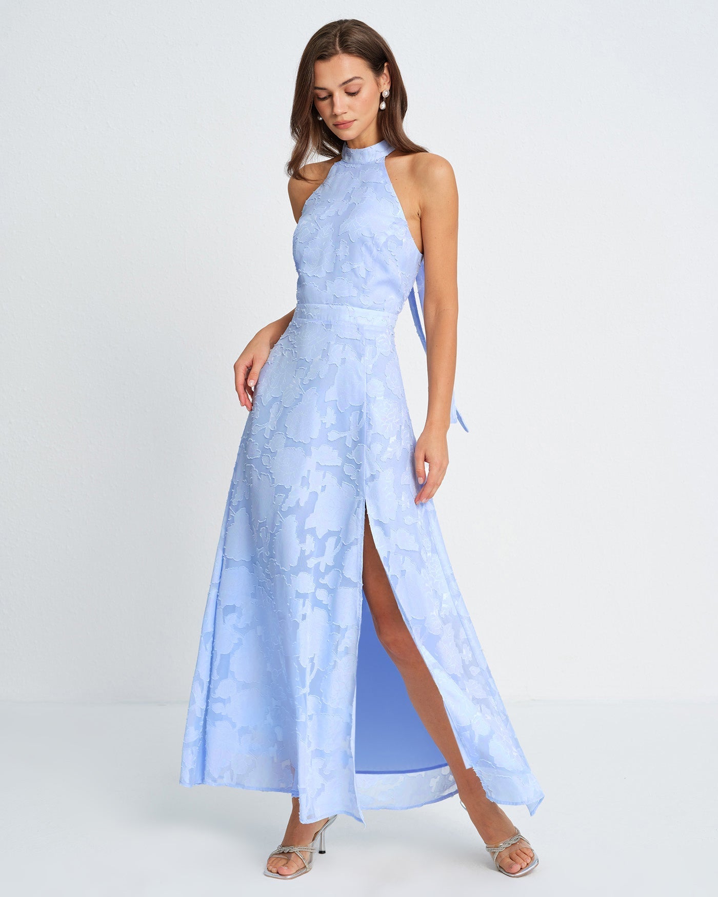 Vestido Maxi Jacquard Cuello Cisne — Azul