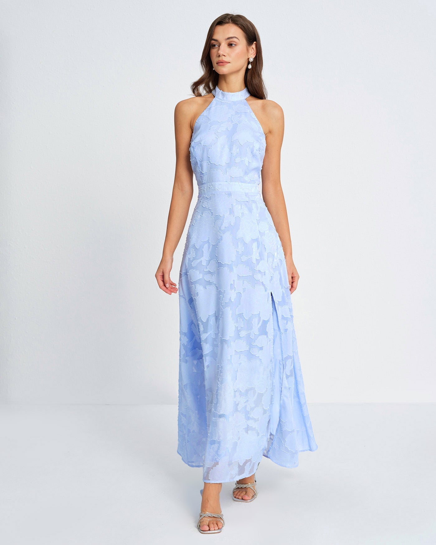 Vestido Maxi Jacquard Cuello Cisne — Azul