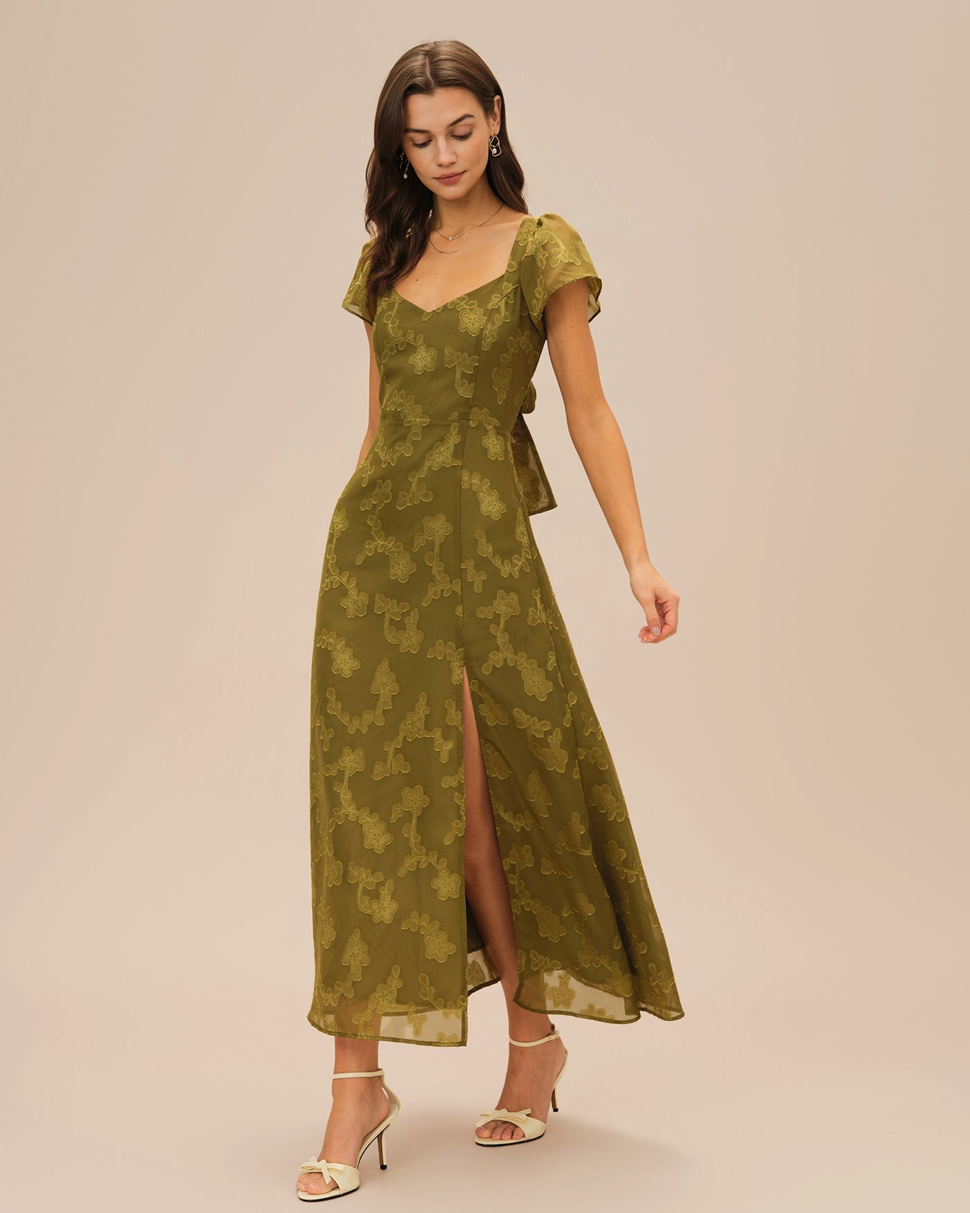 Vestido Maxi Jacquard Escote Corazón — Verde