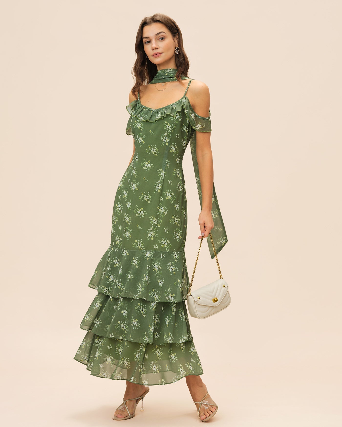 Vestido Maxi Floral con Volantes Escote en V — Verde