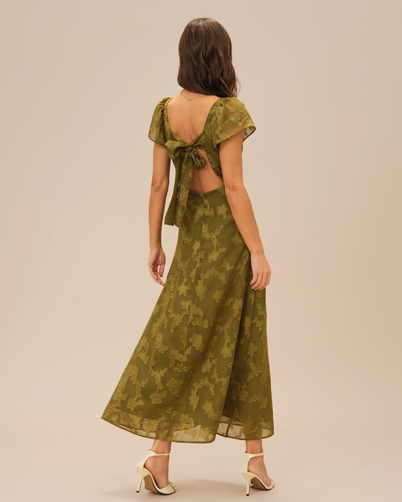 Vestido Maxi Jacquard Escote Corazón — Verde