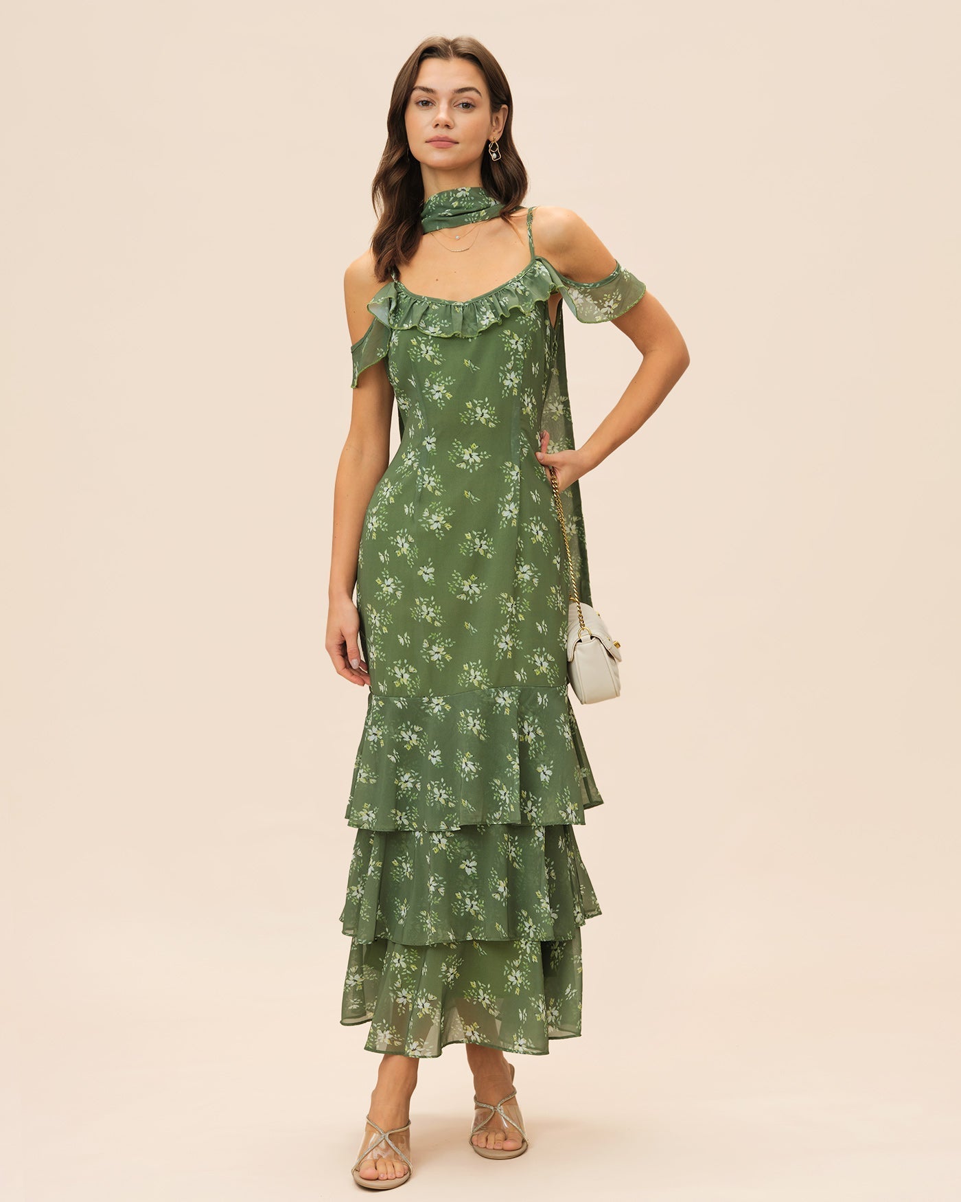 Vestido Maxi Floral con Volantes Escote en V — Verde