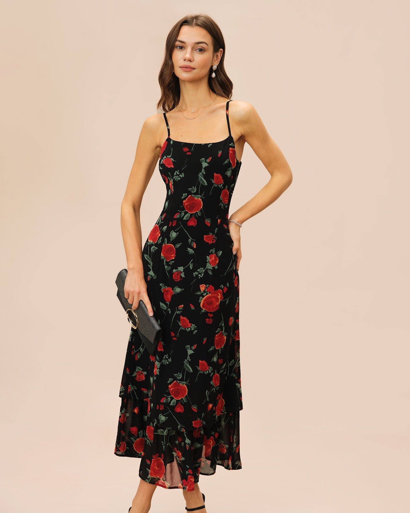 Vestido Maxi Chiffon Floral — Negro