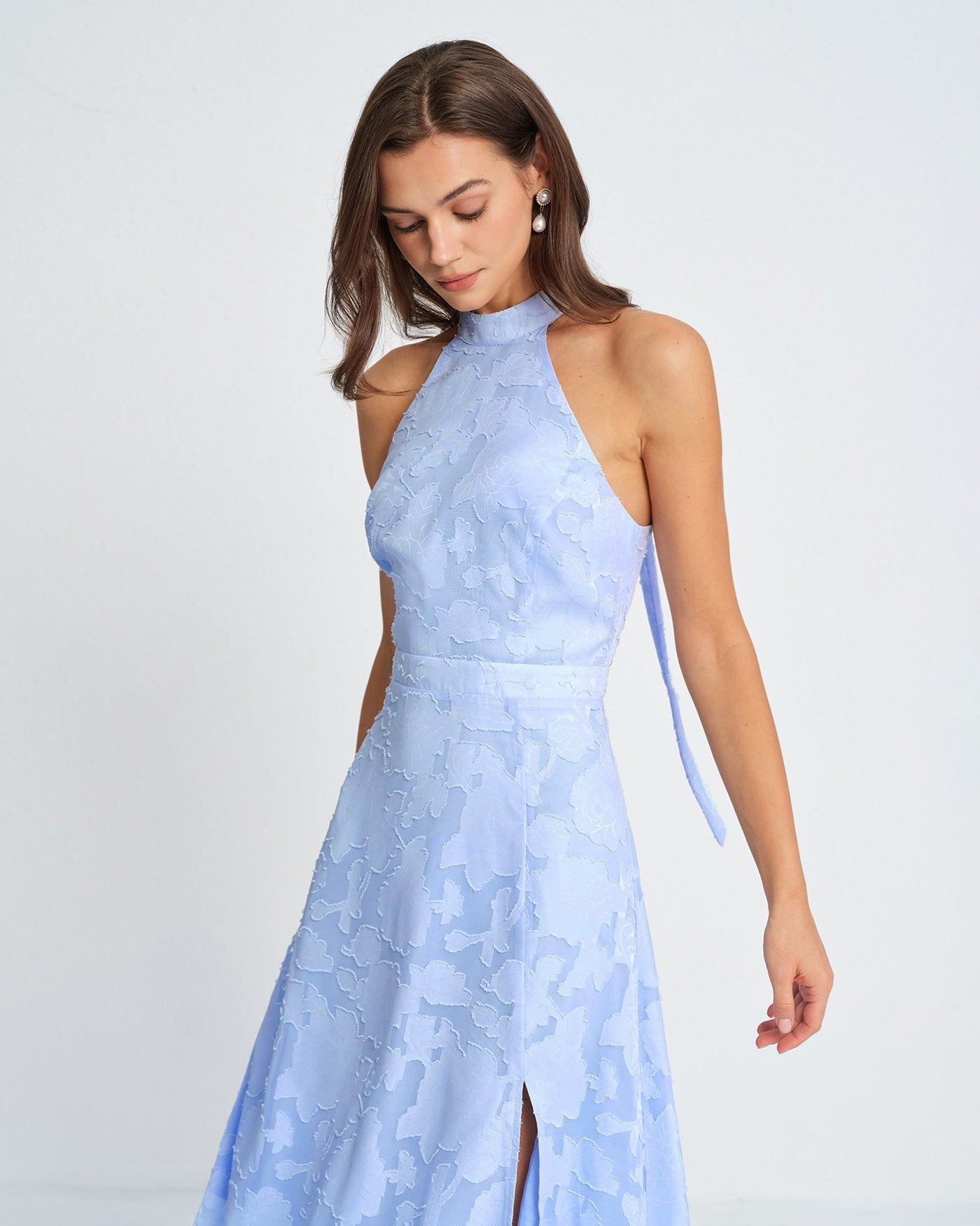 Vestido Maxi Jacquard Cuello Cisne — Azul