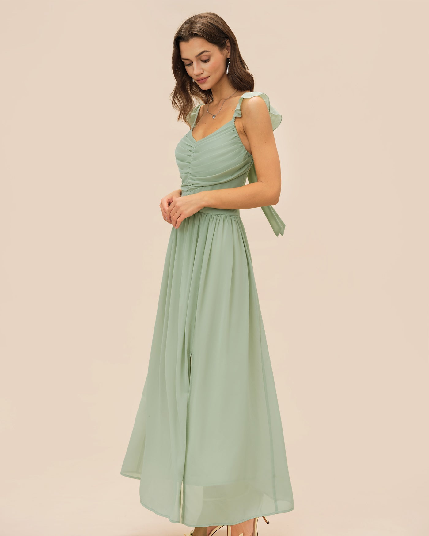 Vestido Maxi con Volantes y Lazada — Verde