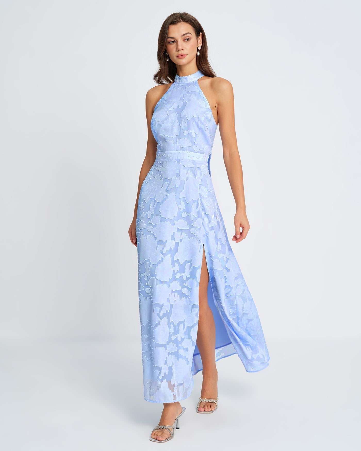 Vestido Maxi Jacquard Cuello Cisne — Azul