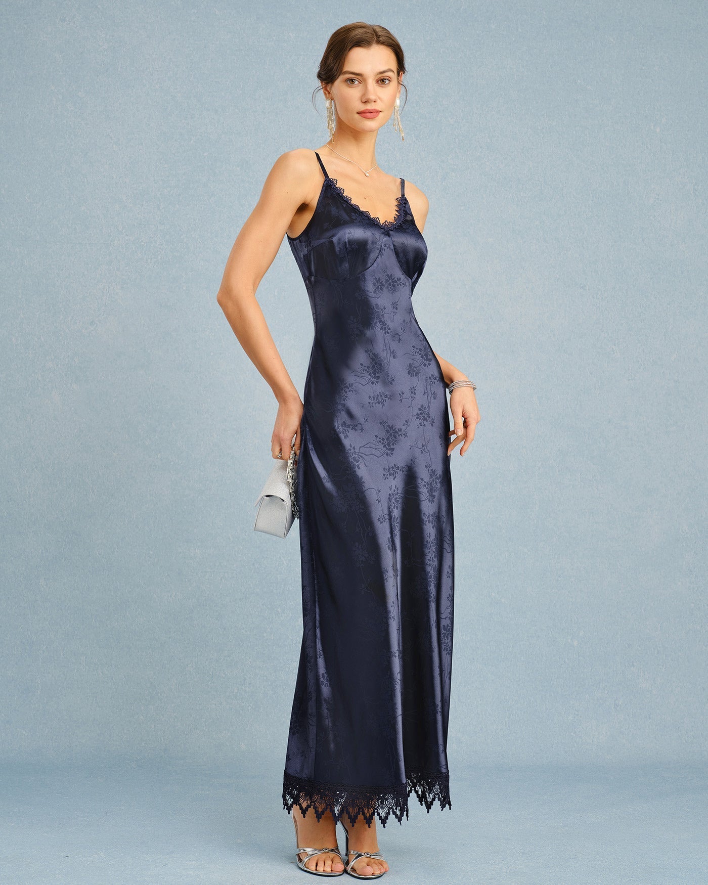 Vestido Largo Jacquard con Encaje