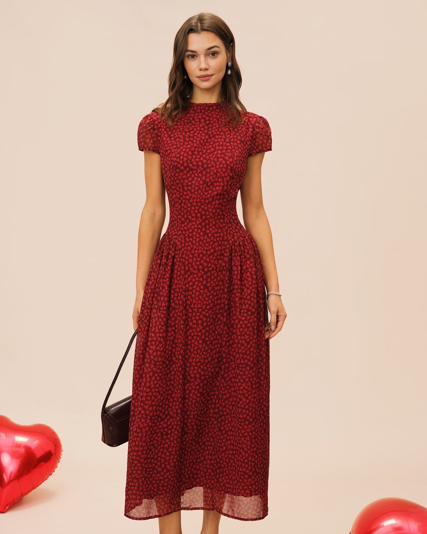 Vestido Maxi Floral Manga Casquillo — Rojo
