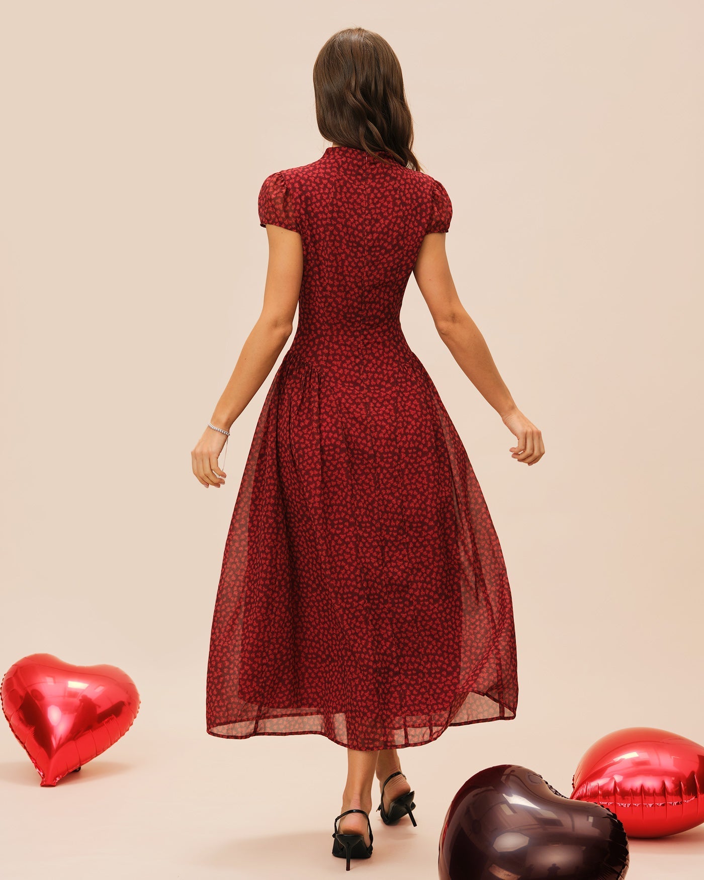Vestido Maxi Floral Manga Casquillo — Rojo