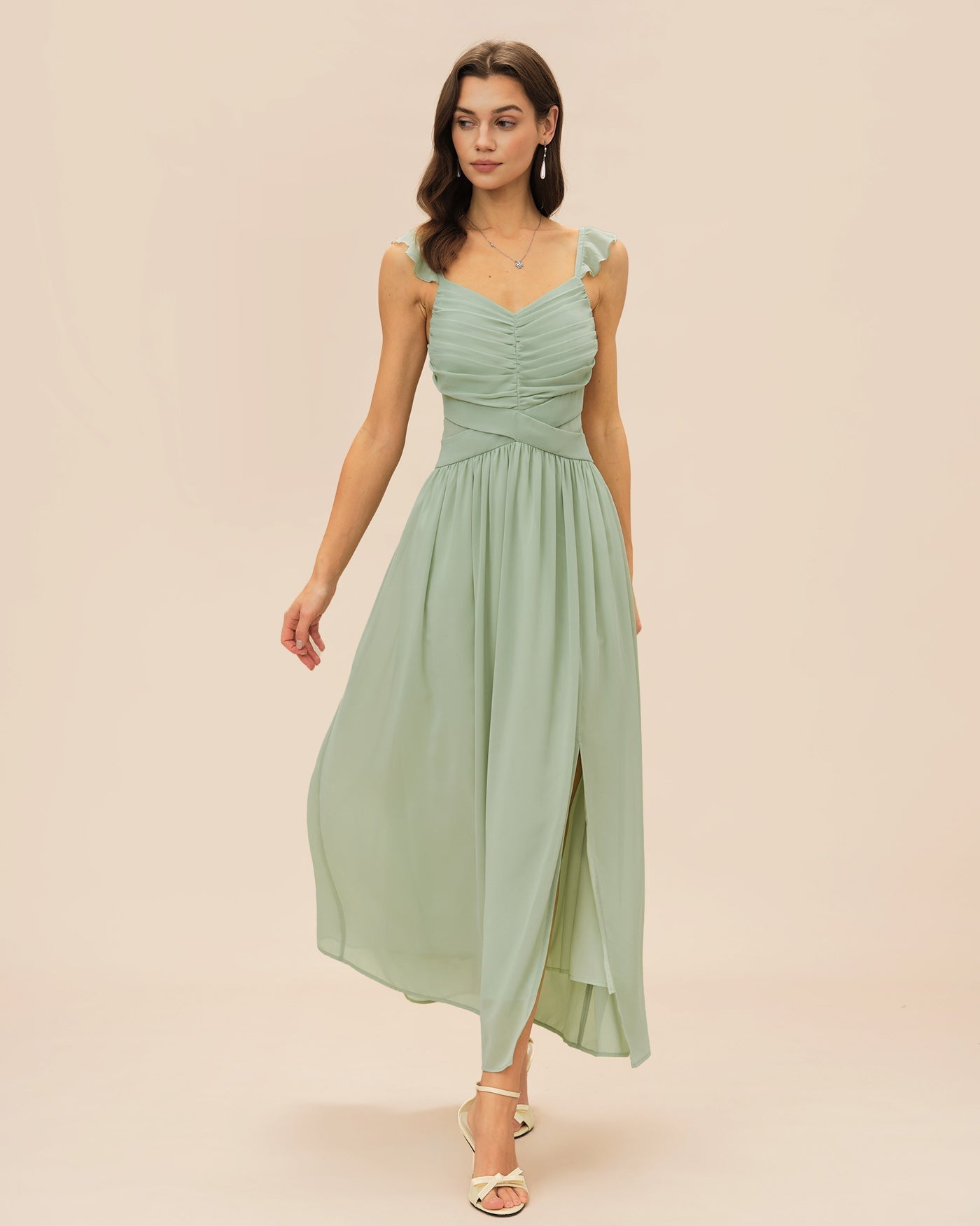 Vestido Maxi con Volantes y Lazada — Verde