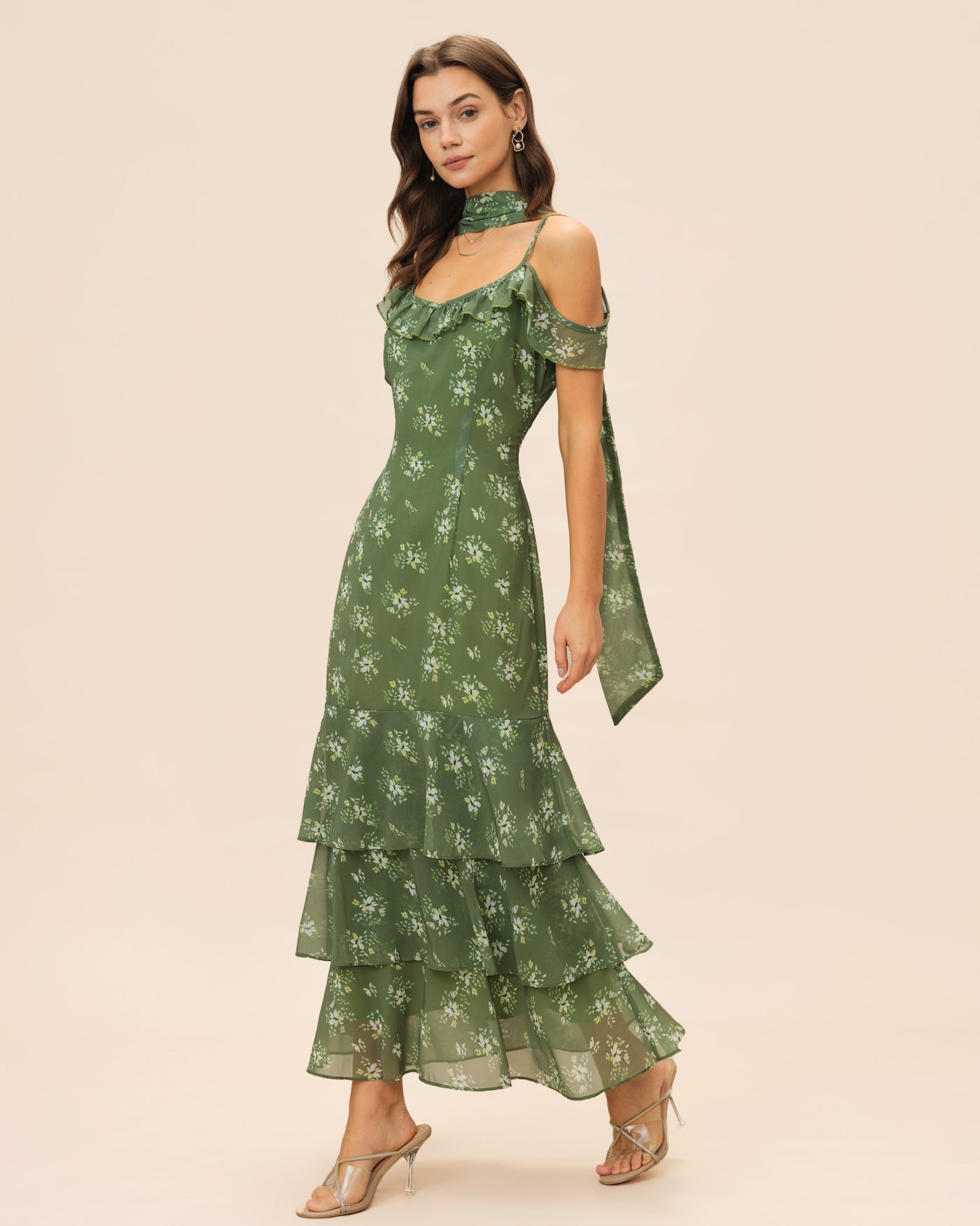 Vestido Maxi Floral con Volantes Escote en V — Verde