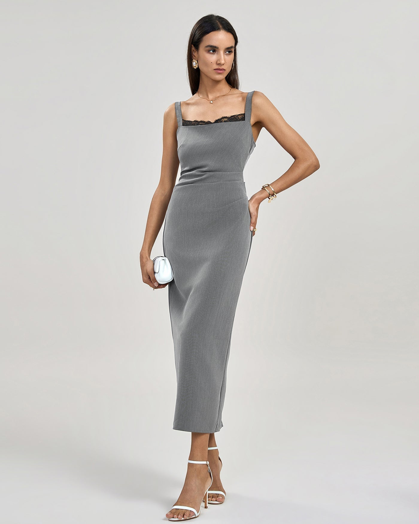 Vestido Maxi Slip Plisado — Gris