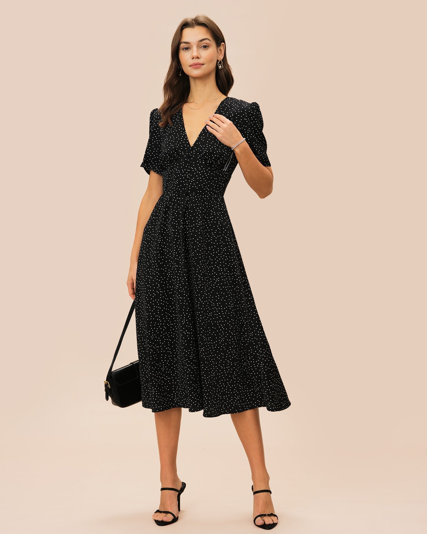 Vestido Midi de Lunares Manga Abullonada — Negro